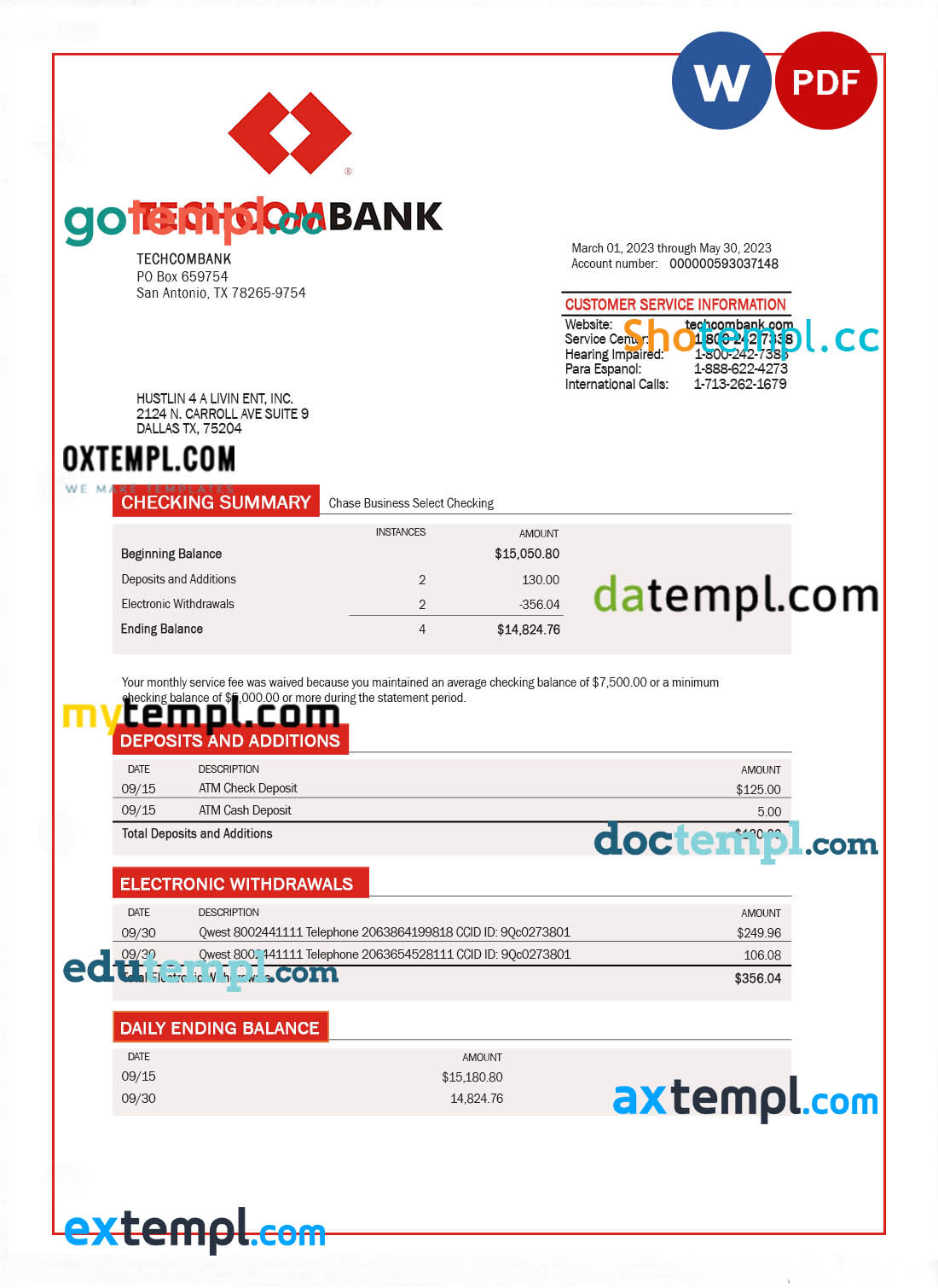 editable template, TECHCOMBANK corporate checking account statement Word and PDF template