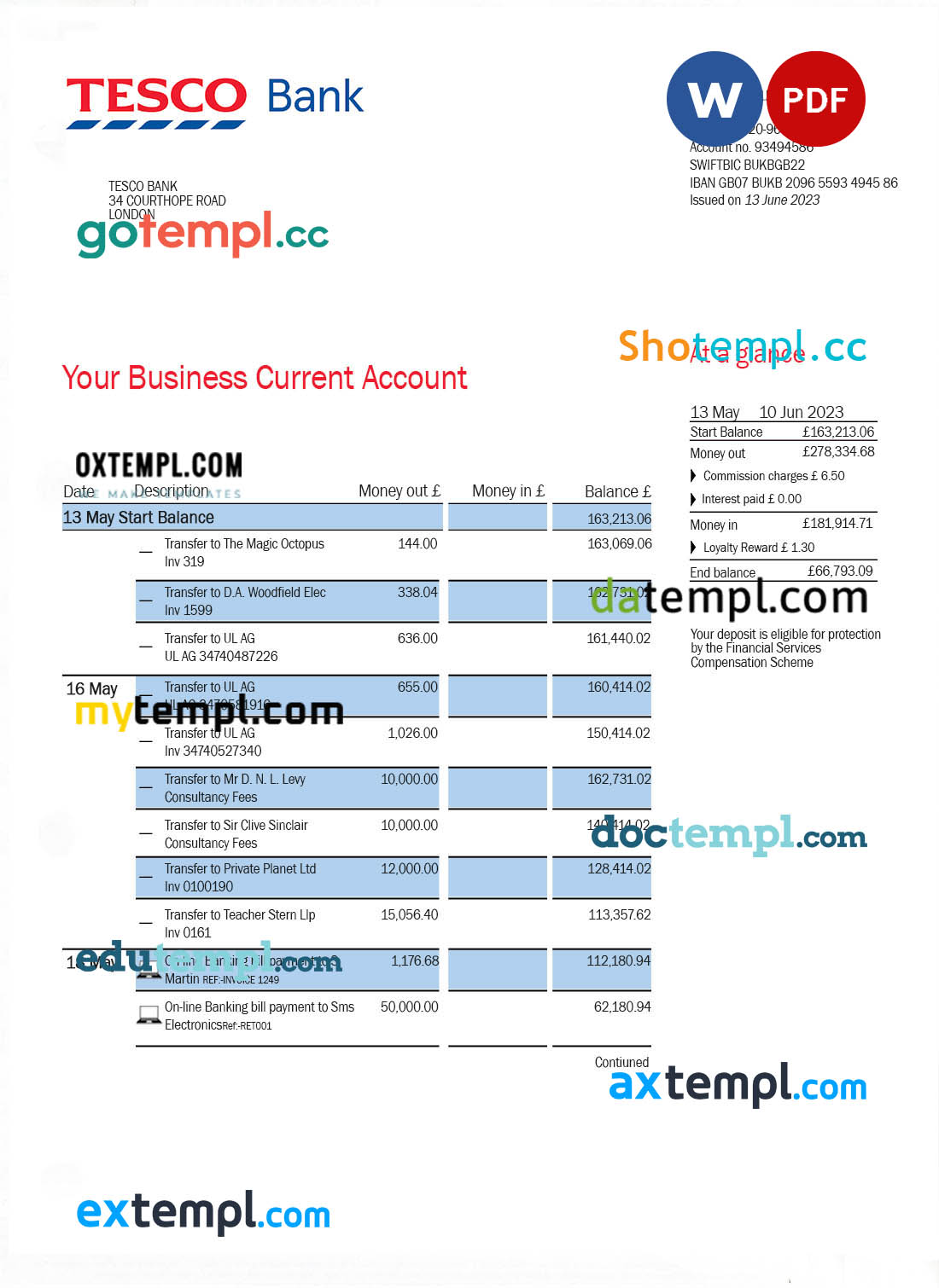 editable template, Tesco Bank Business statement Word and PDF template