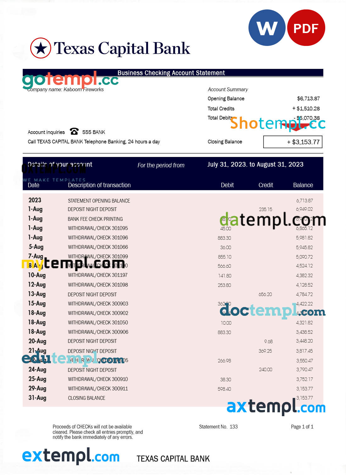 editable template, Texas Capital Bank company account statement Word and PDF template