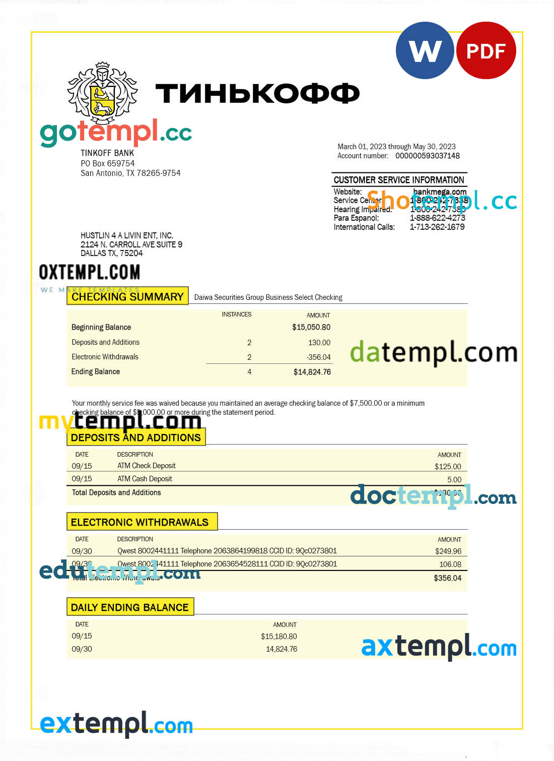 editable template, TINKOFF Bank firm statement Word and PDF template