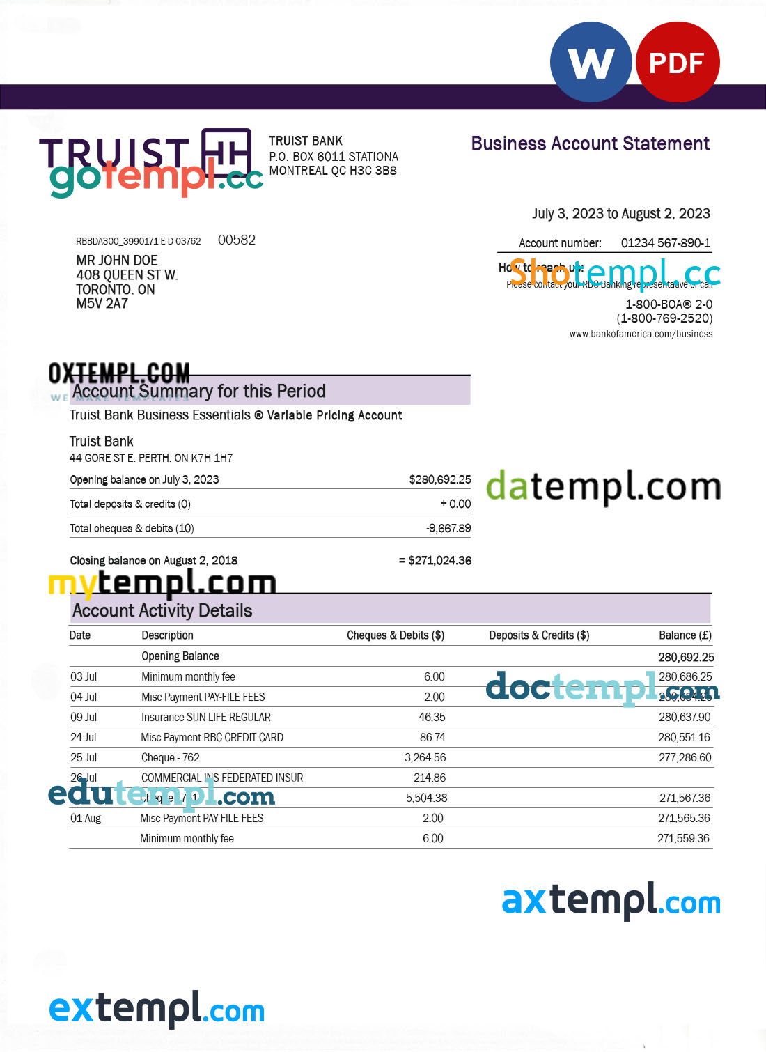 editable template, Truist Bank enterprise account statement Word and PDF template