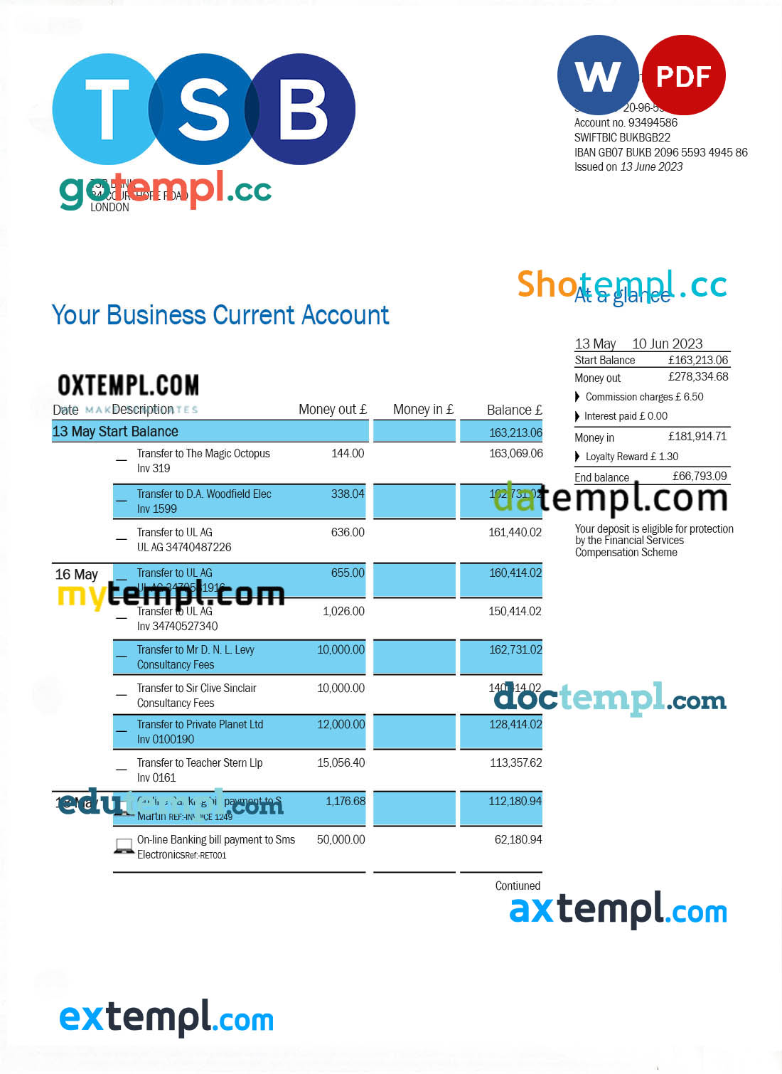 editable template, TSB Bank firm account statement Word and PDF template