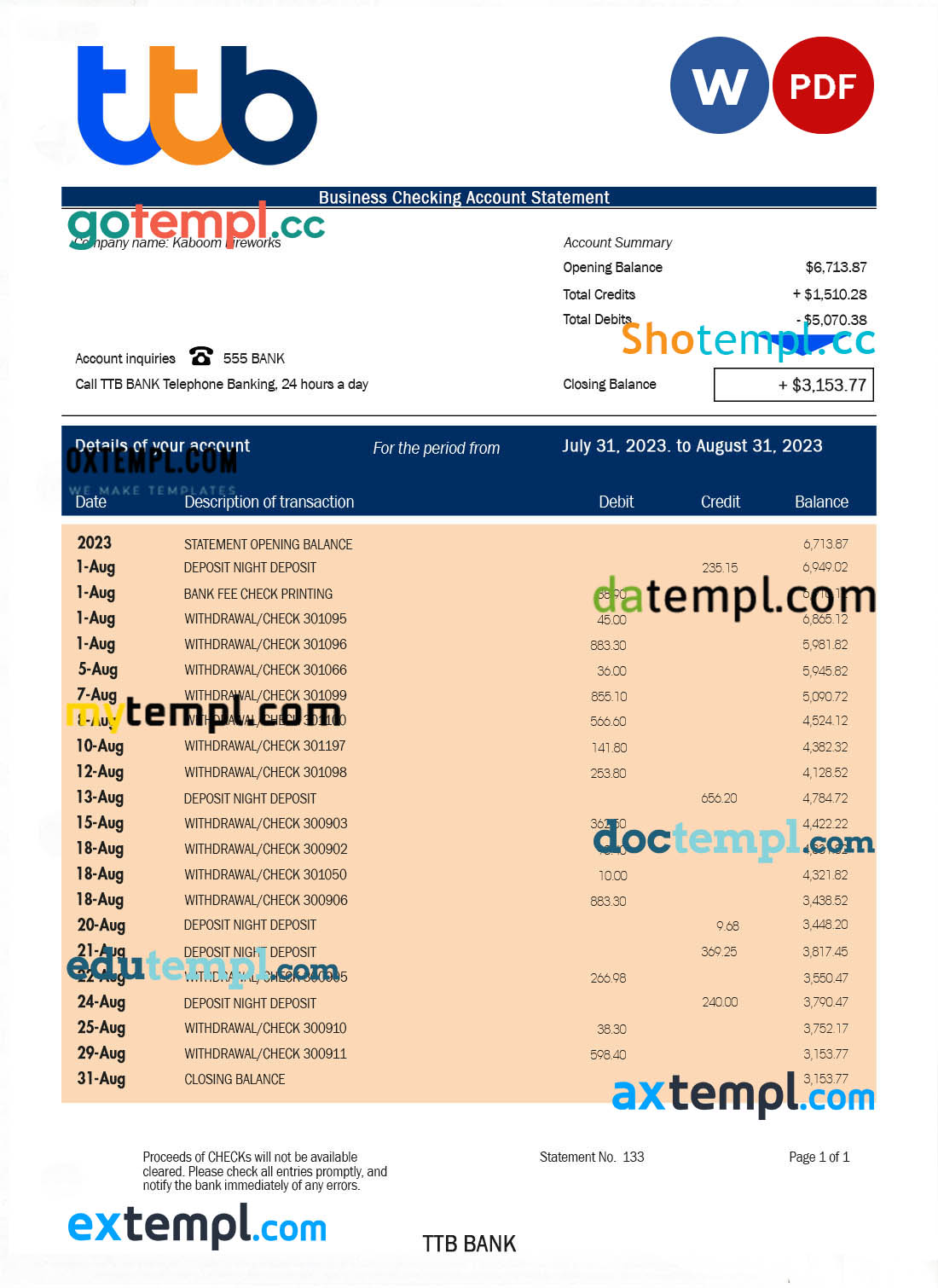 editable template, TTB Bank corporate checking account statement Word and PDF template