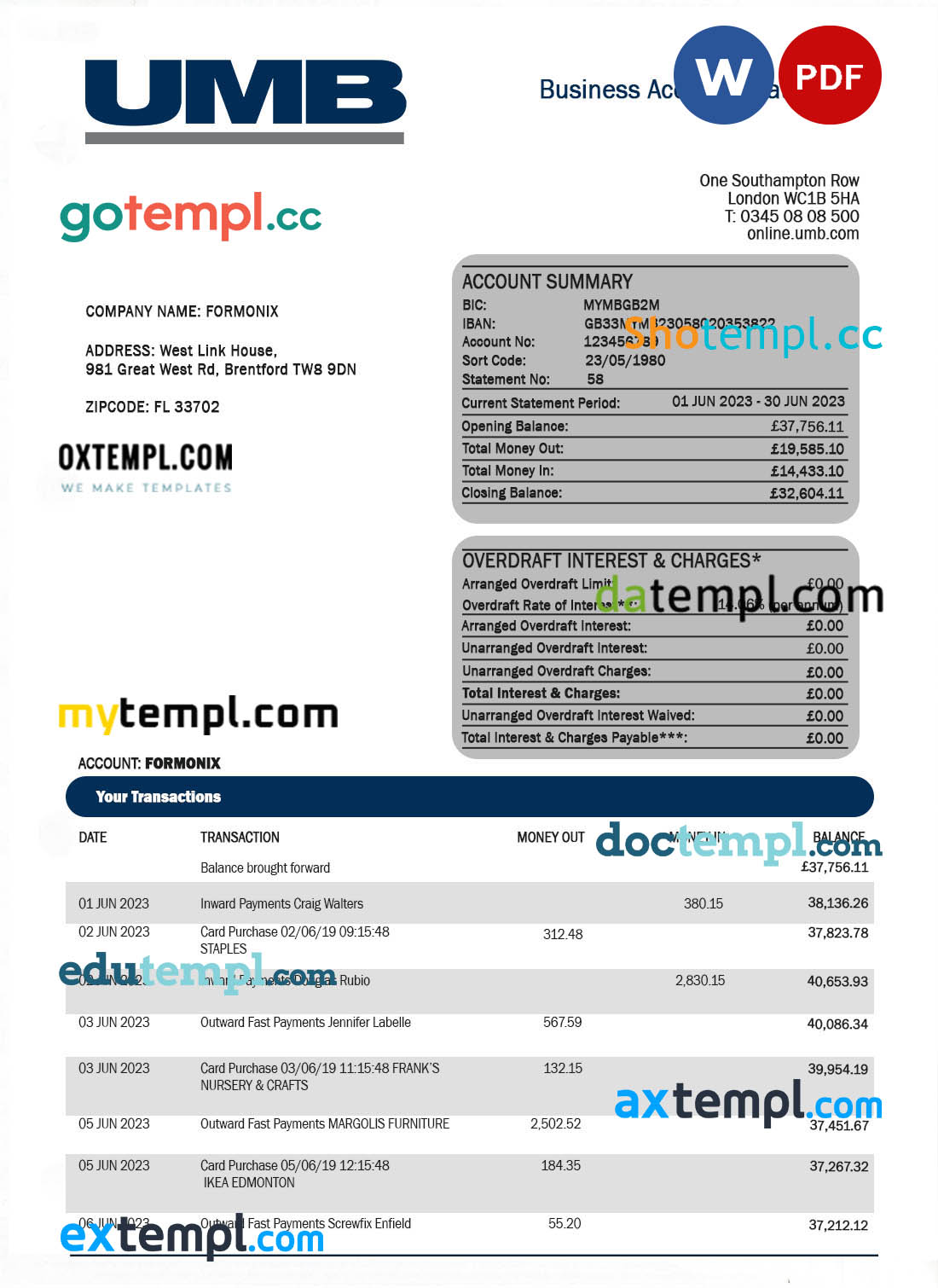 editable template, UMB Bank enterprise account statement Word and PDF template