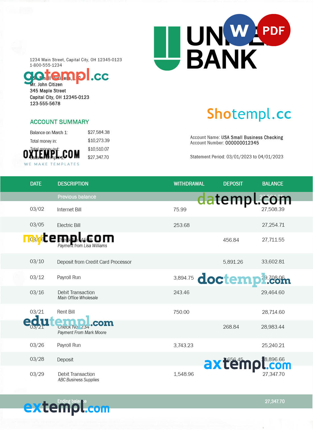 editable template, United Bank enterprise account statement Word and PDF template