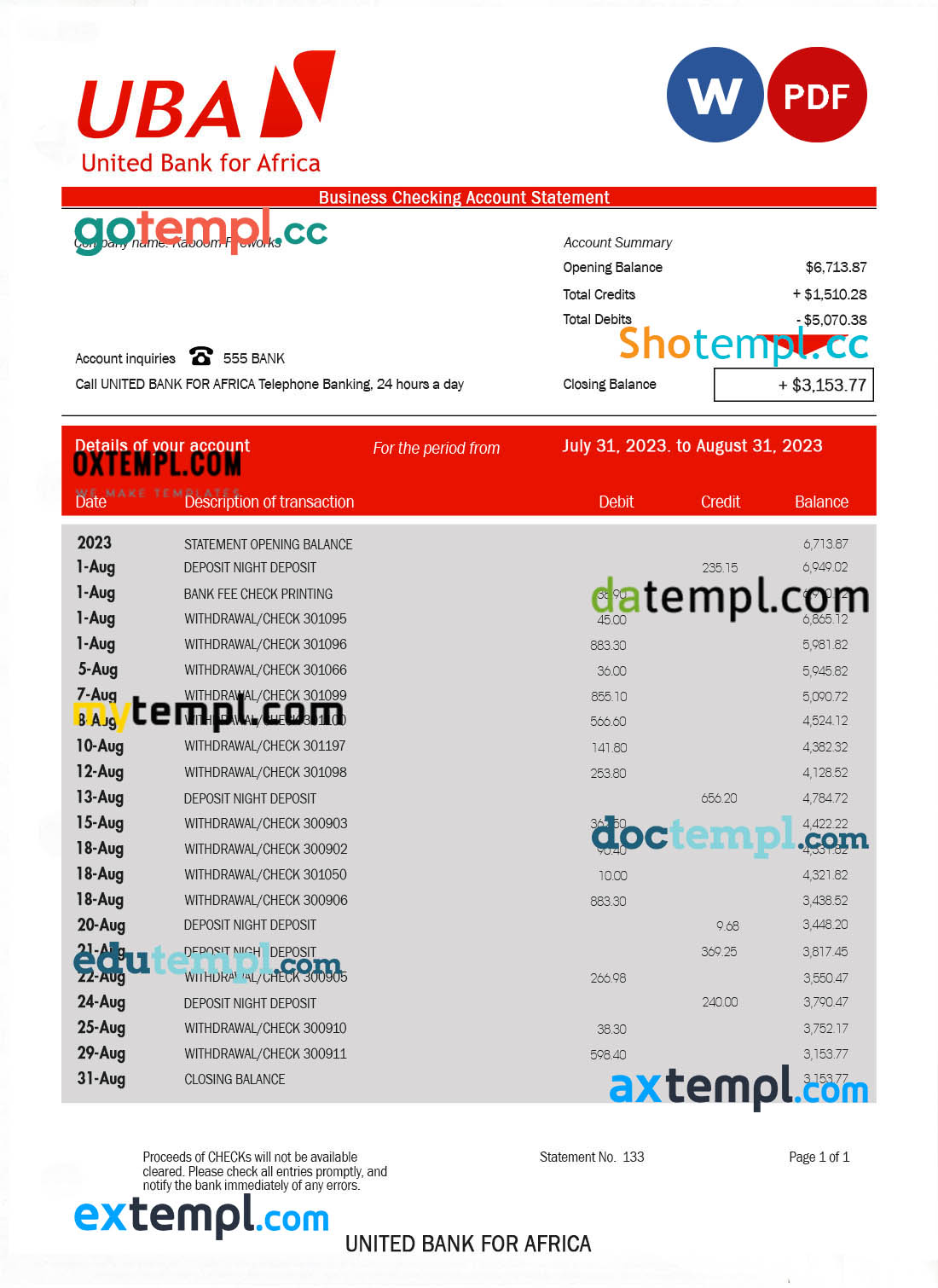 editable template, United Bank for Africa organization account statement Word and PDF template