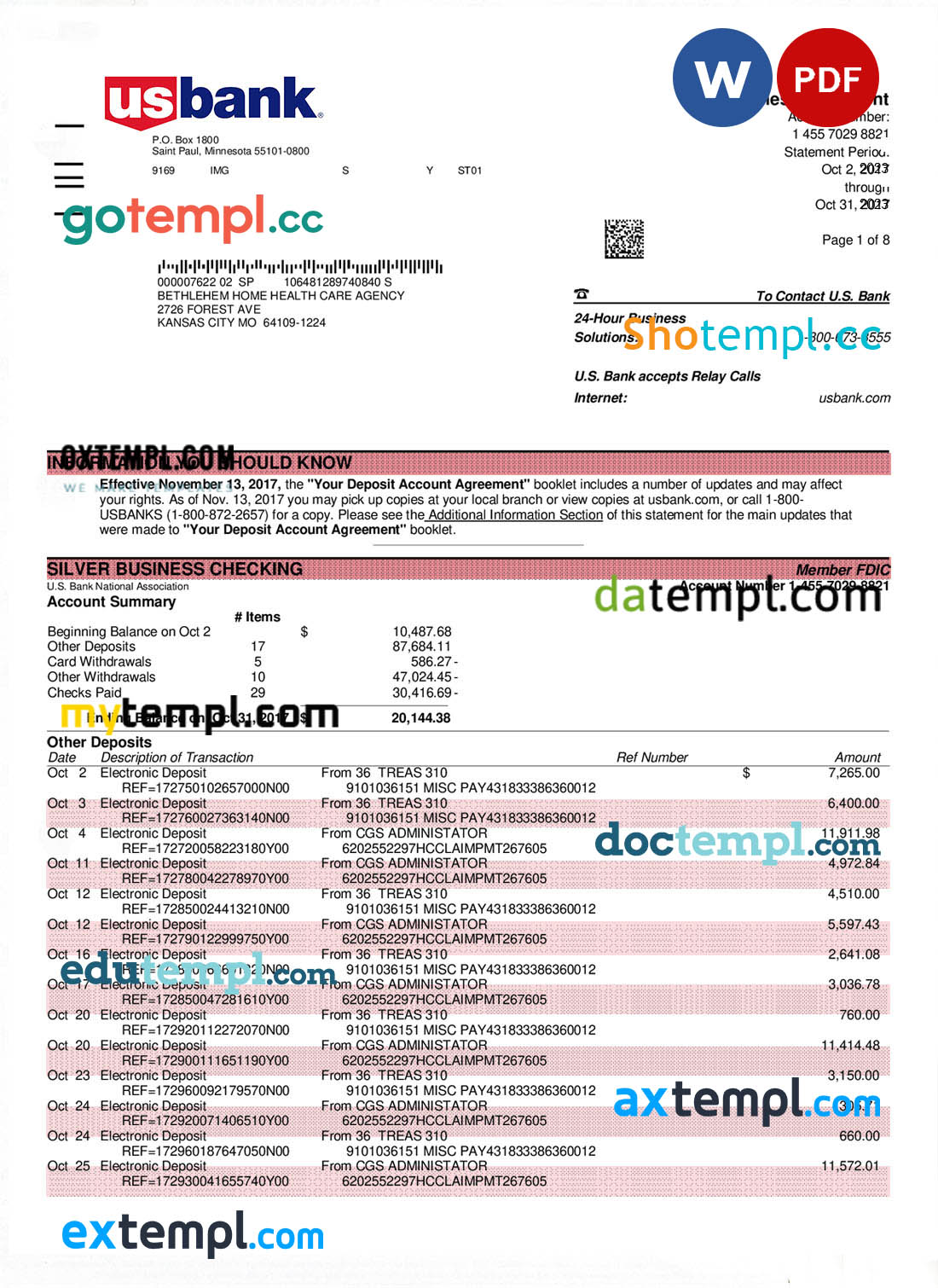editable template, U.S. Bank organization account statement Word and PDF template