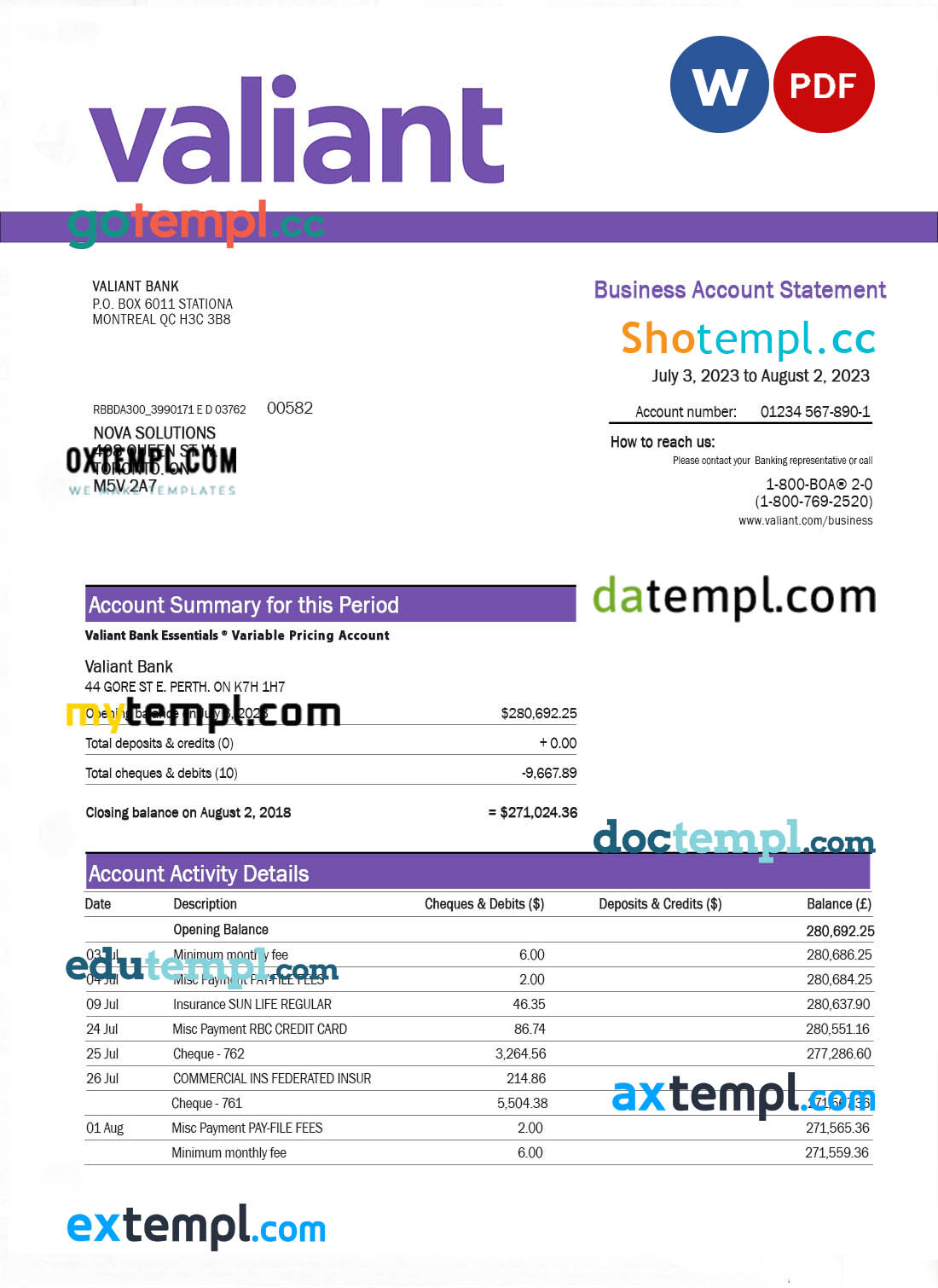editable template, Valiant Bank enterprise account statement Word and PDF template