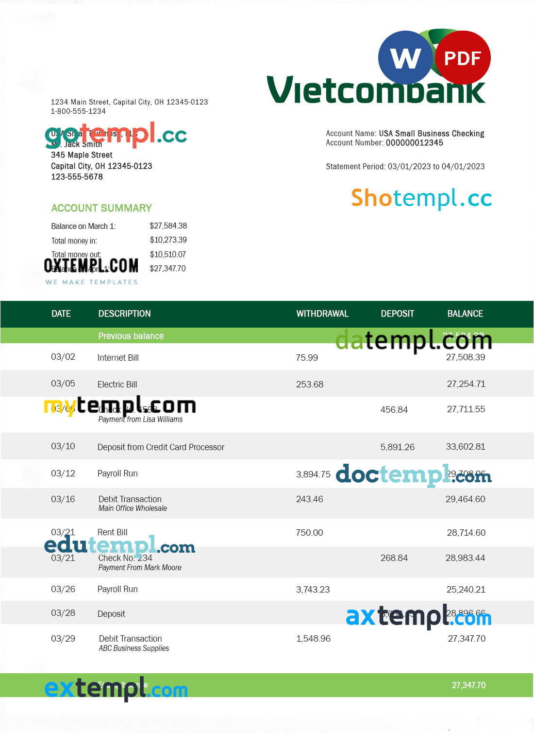 editable template, VIETCOMBANK business statement Word and PDF template