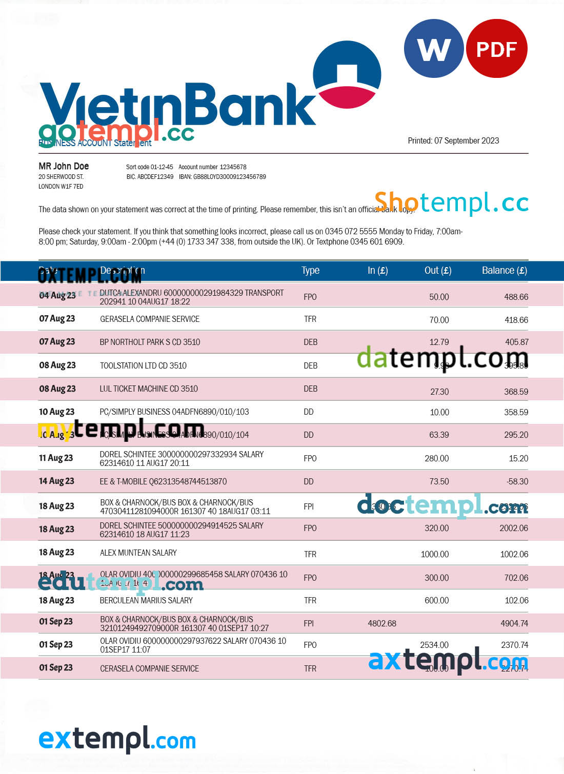editable template, VIETIN Bank firm account statement Word and PDF template