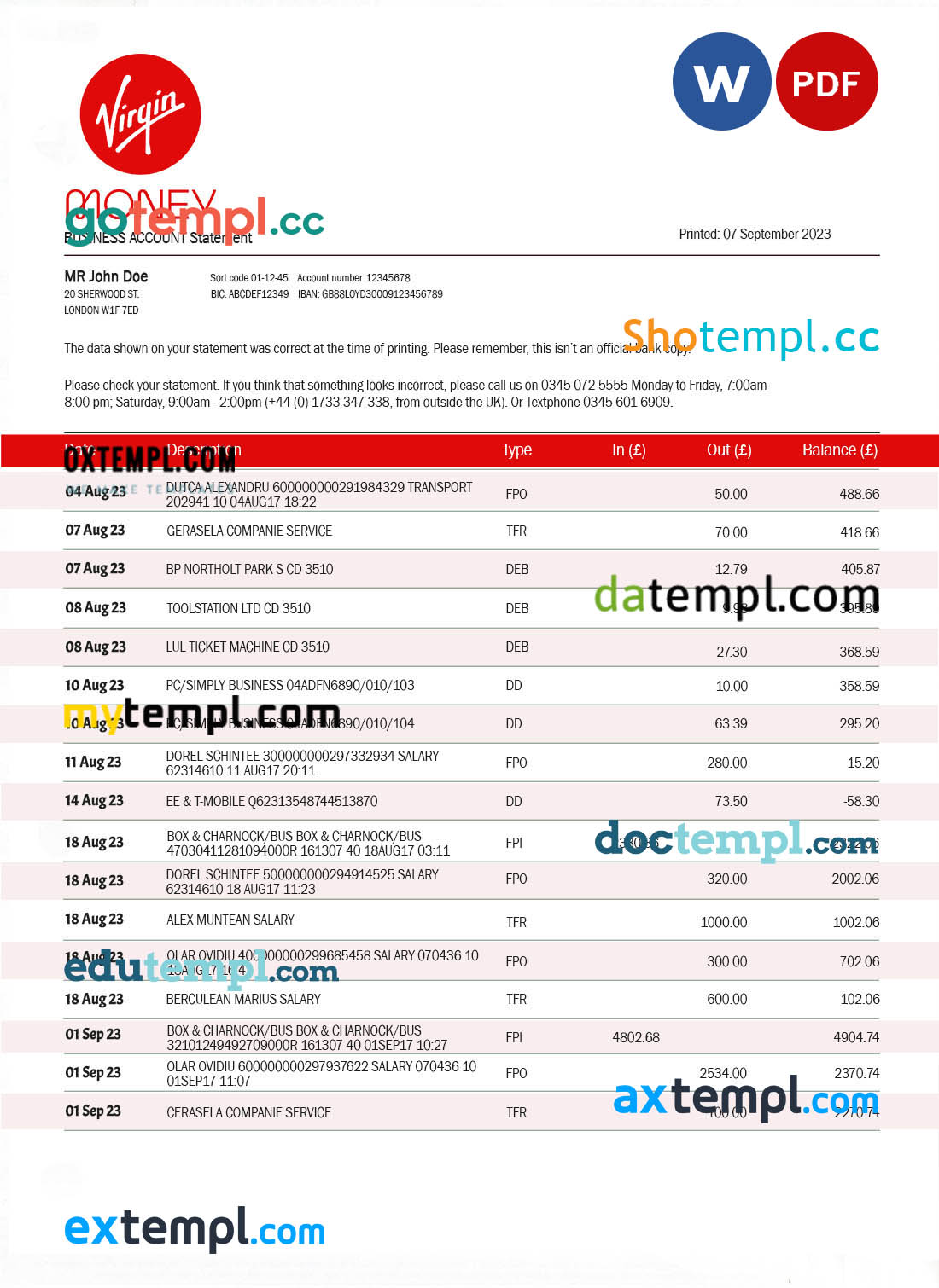 editable template, VIRGIN Money Bank firm account statement Word and PDF template