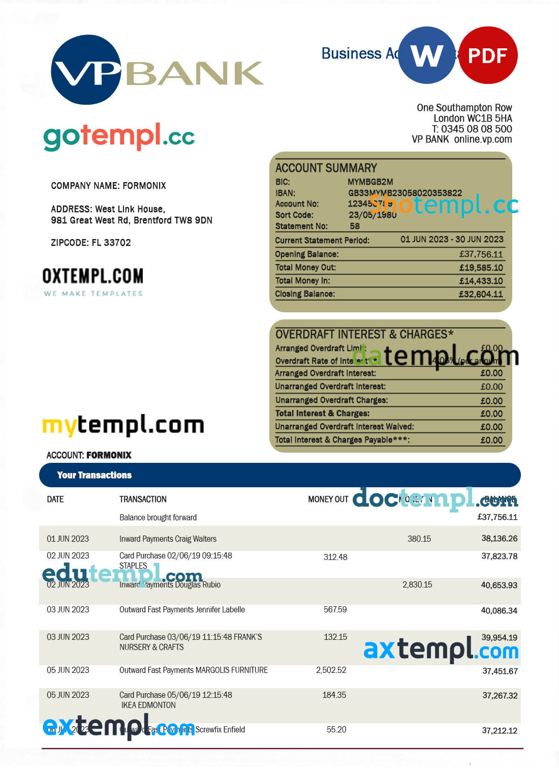 editable template, VP Bank firm account statement Word and PDF template