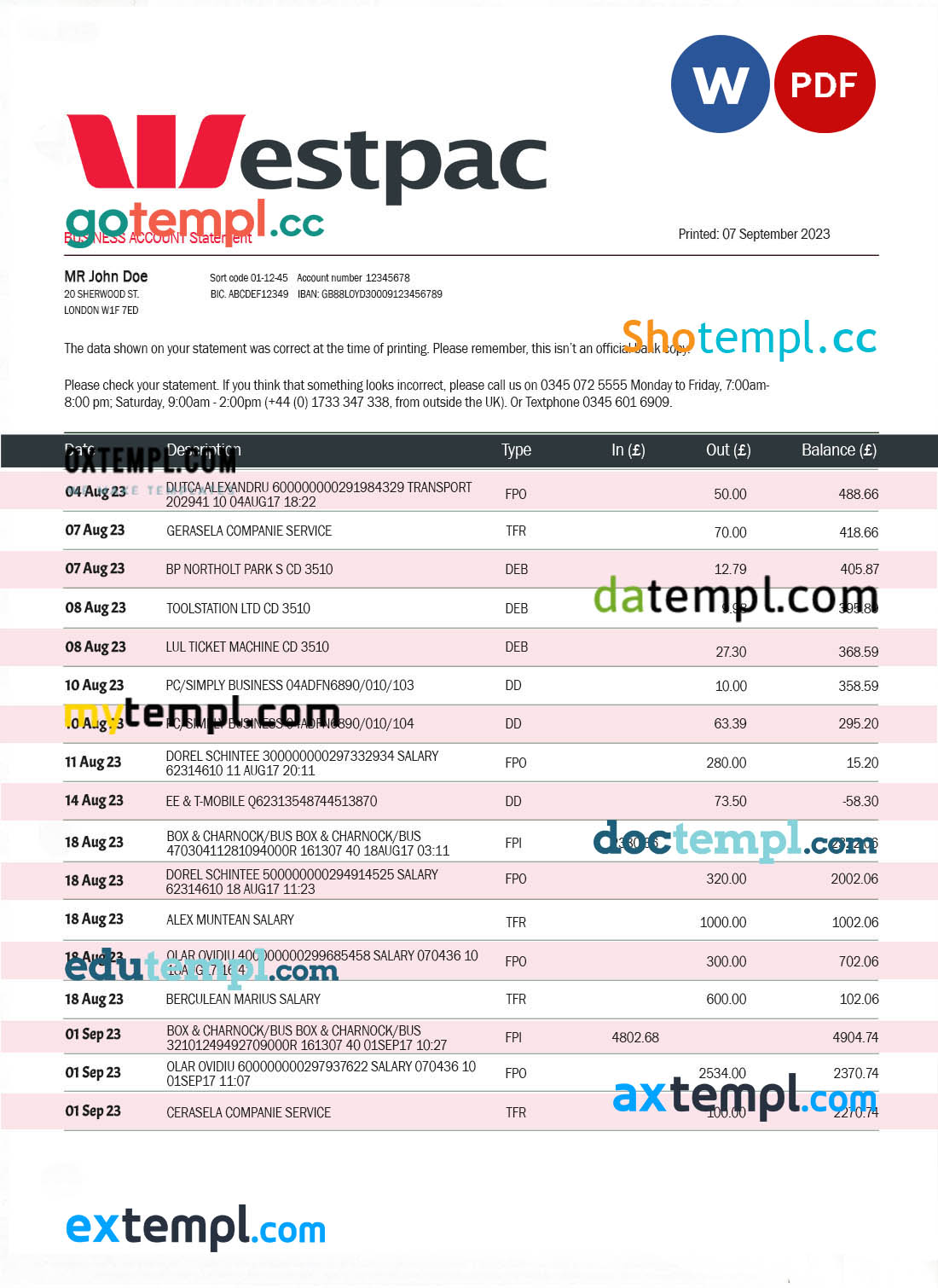 editable template, WESTPAC Bank organization statement Word and PDF template