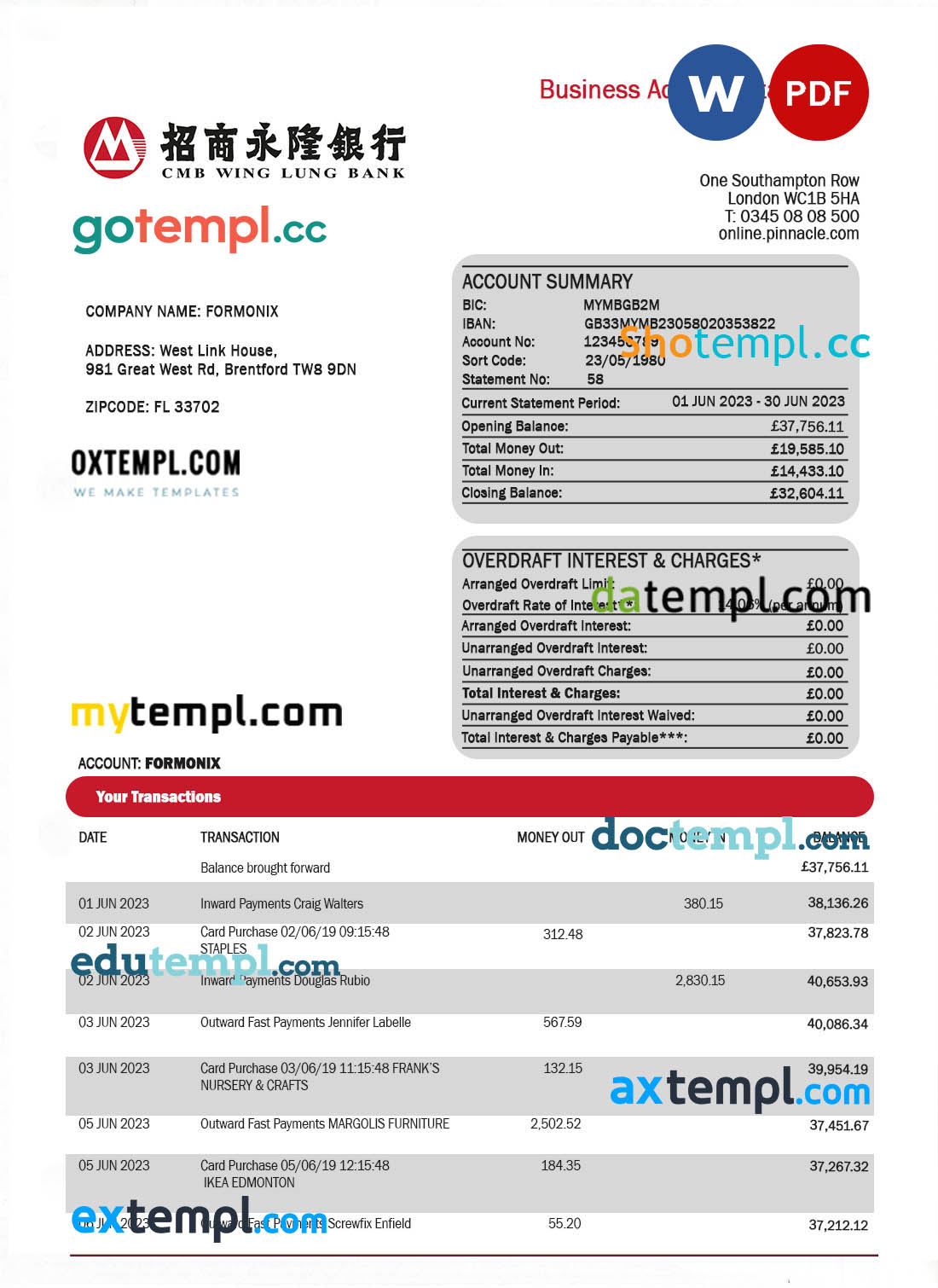 editable template, Wing Lung Bank company account statement Word and PDF template