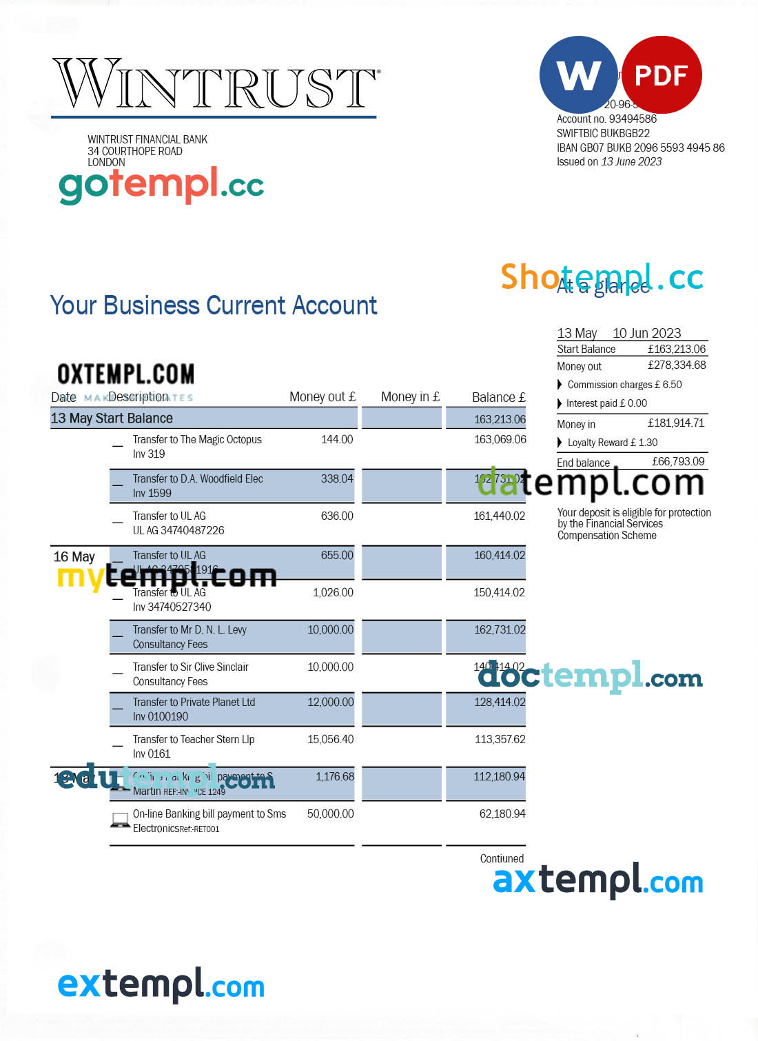 editable template, Wintrust Financial Bank enterprise account statement Word and PDF template