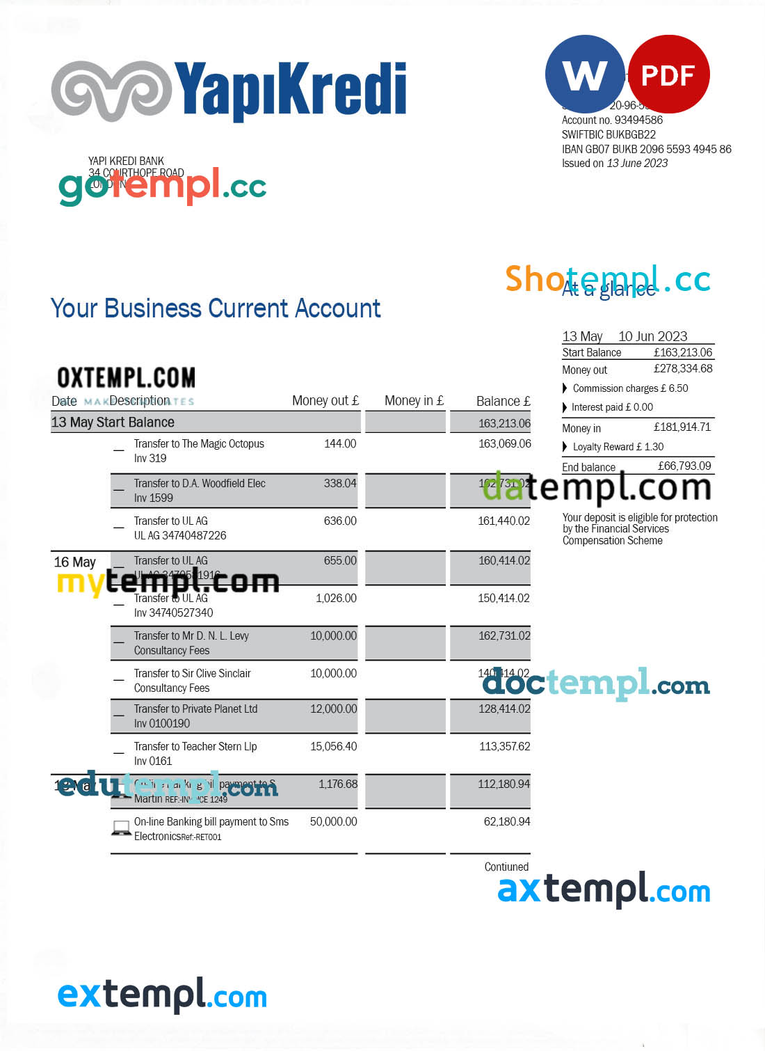 editable template, Yapi Kredi Bank organization account statement Word and PDF template