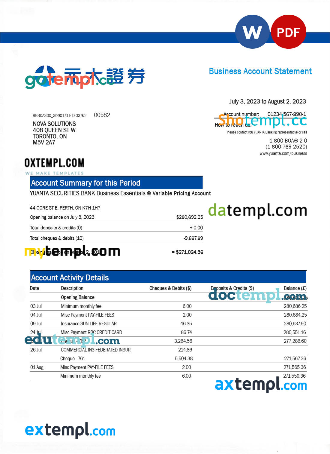 editable template, Yuanta Securities Bank organization account statement Word and PDF template
