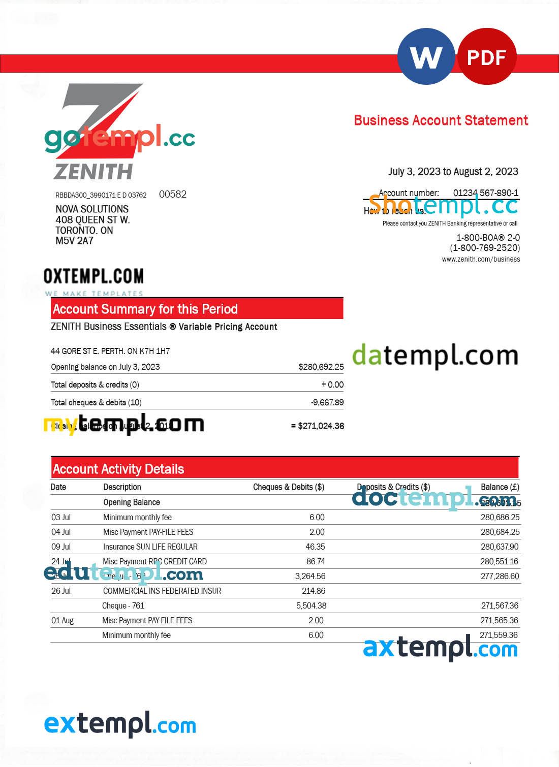 editable template, Zenith Bank business checking account statement Word and PDF template