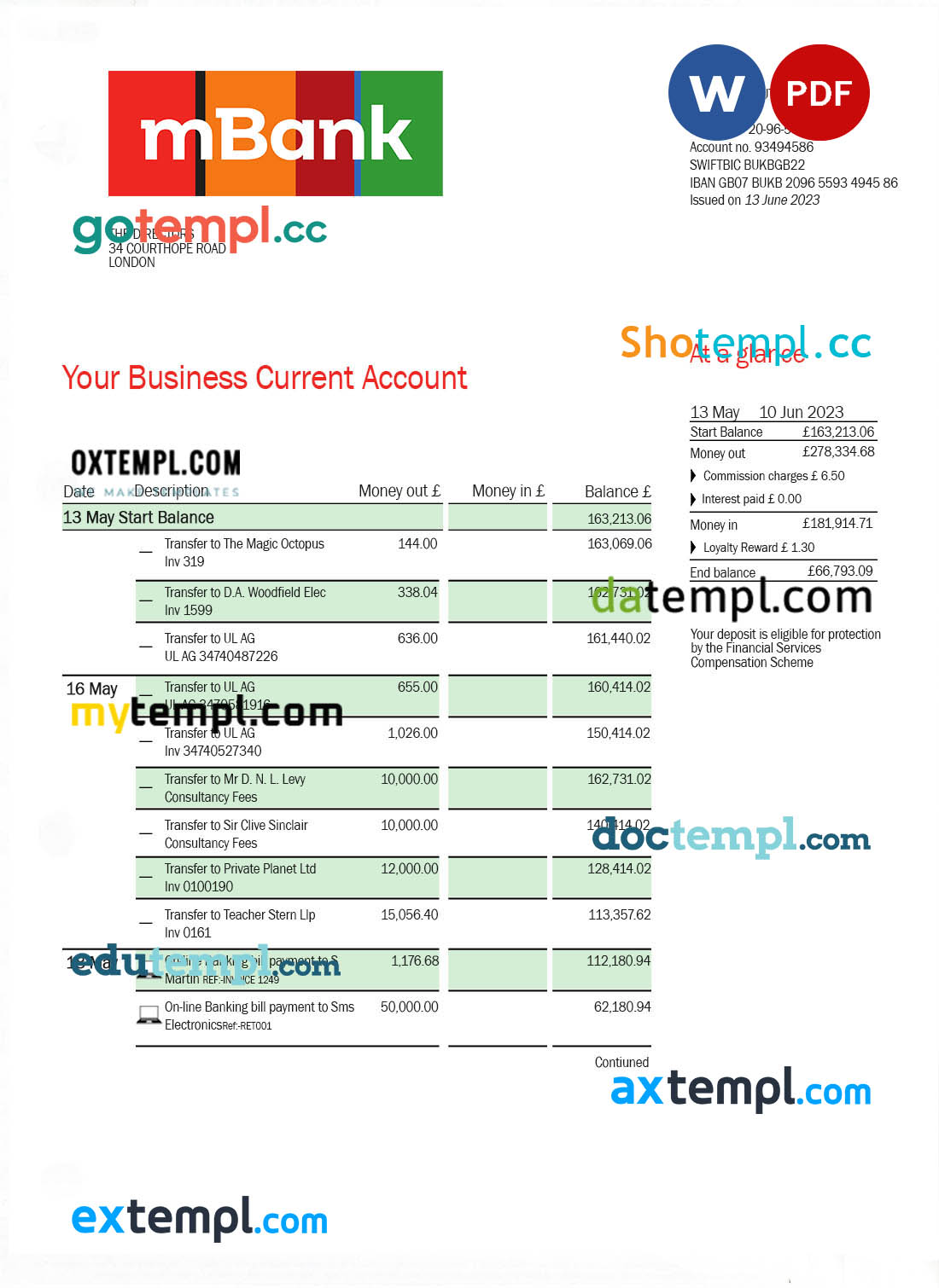 editable template, MBank company statement Word and PDF template