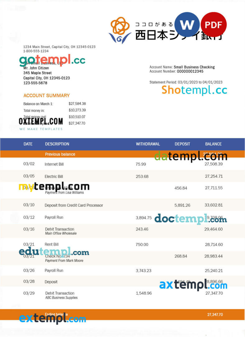 editable template, Nishi-Nippon City Bank enterprise account statement Word and PDF template