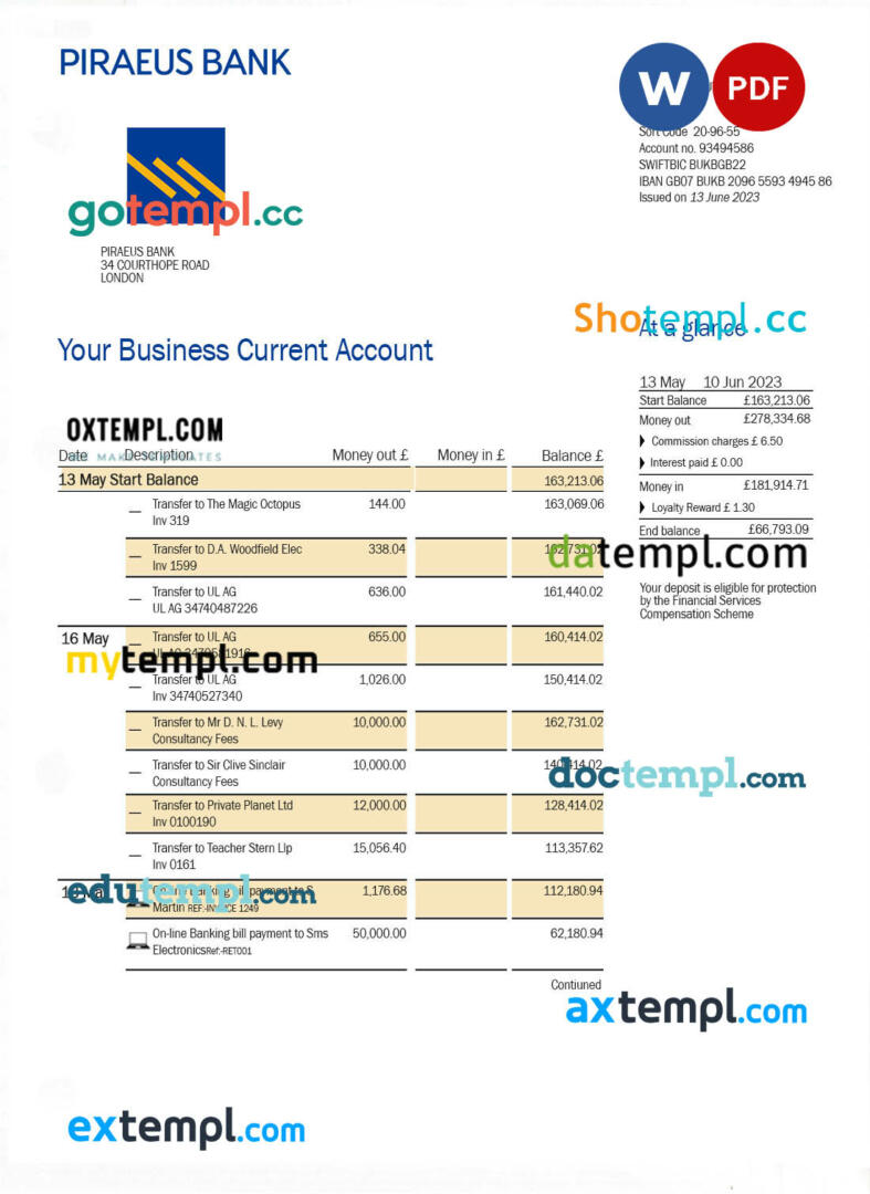 editable template, Piraeus Bank Business statement Word and PDF template