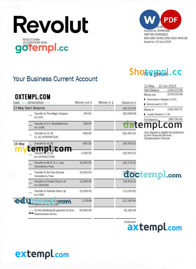 editable template, Revolut Bank firm account statement Word and PDF template