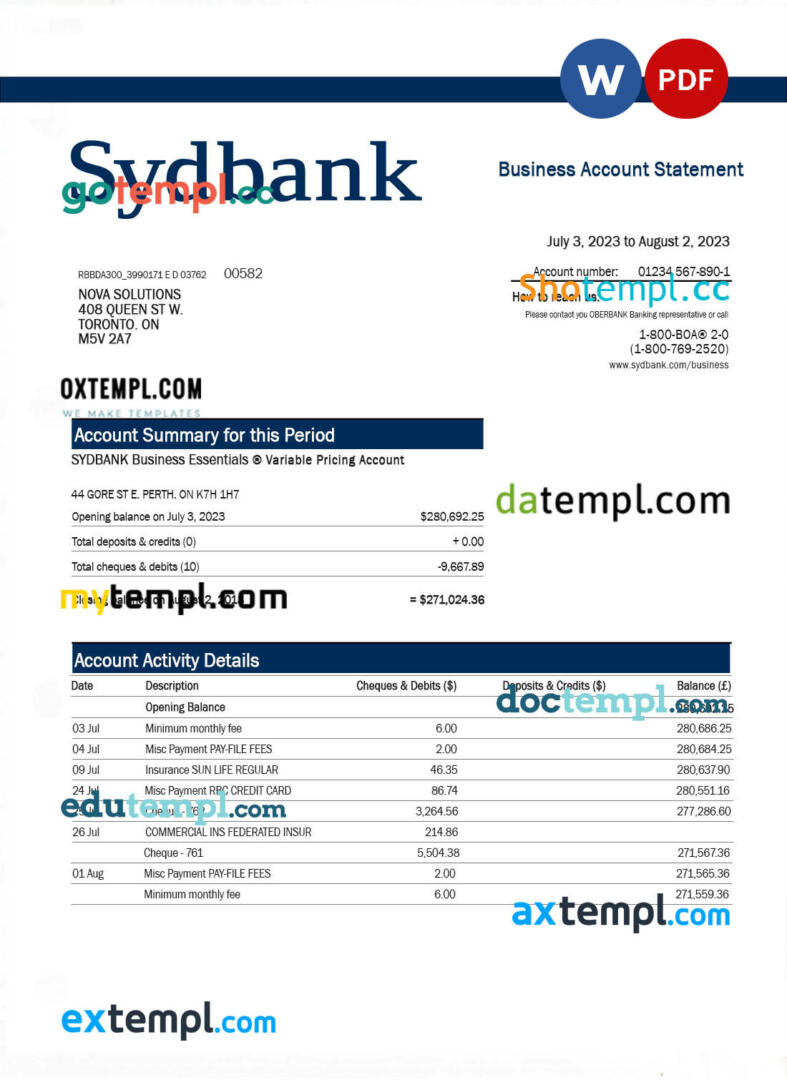 editable template, Sydbank enterprise account statement Word and PDF template