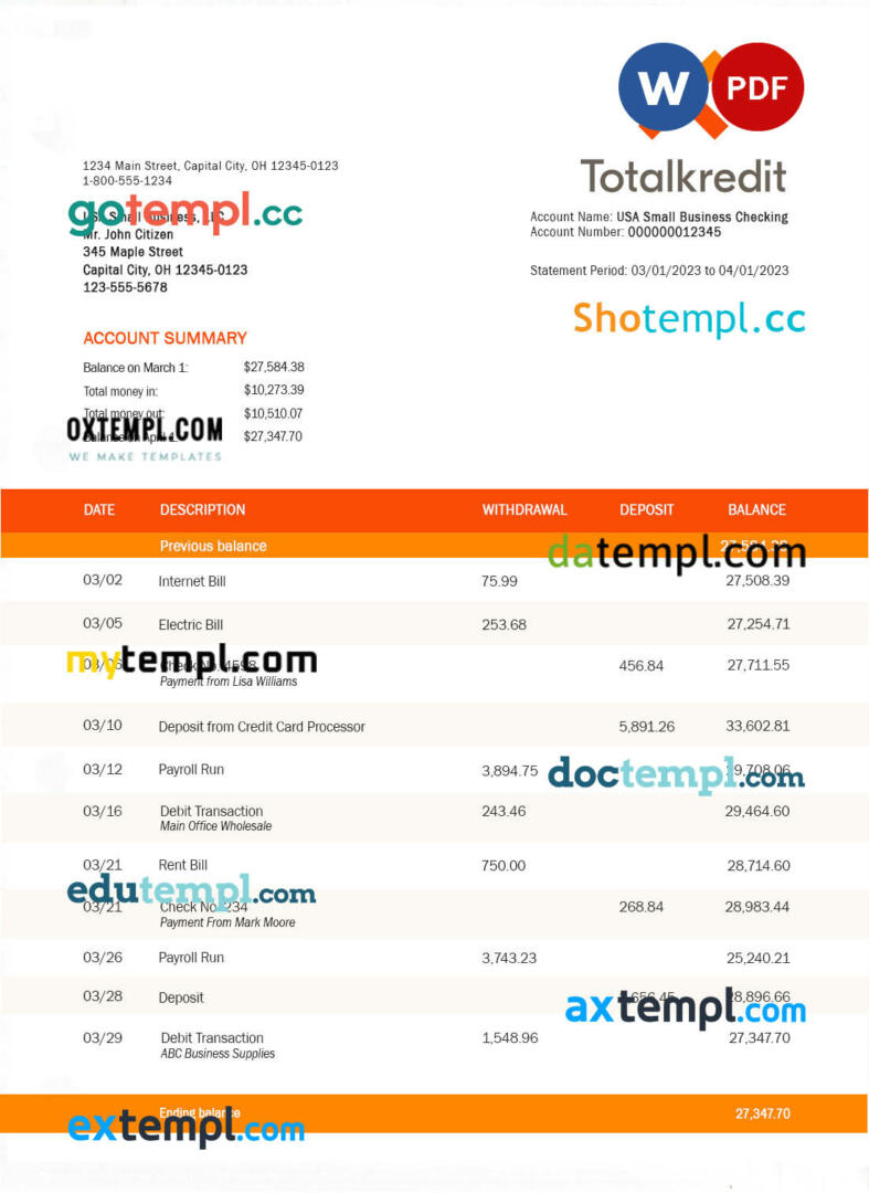 editable template, TOTALKREDIT Bank organization account statement Word and PDF template
