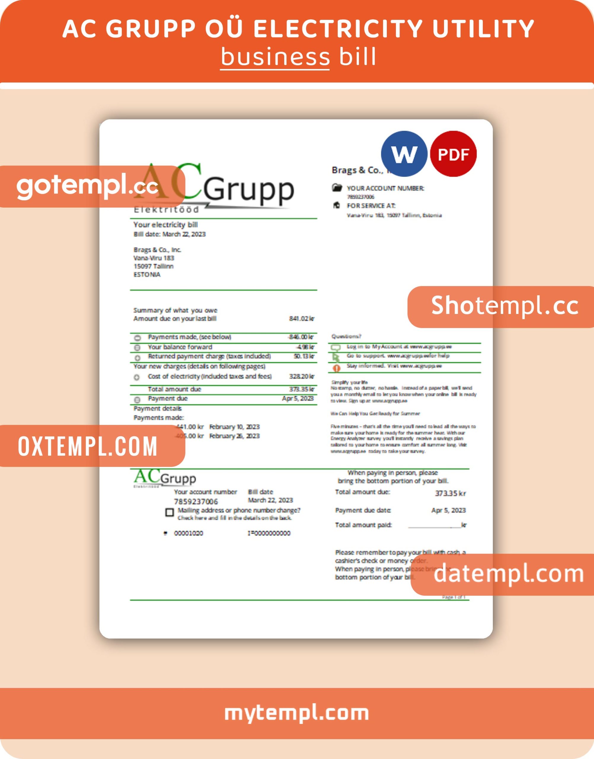 AC Grupp OÃœ electricity business utility bill,PDF and WORD template