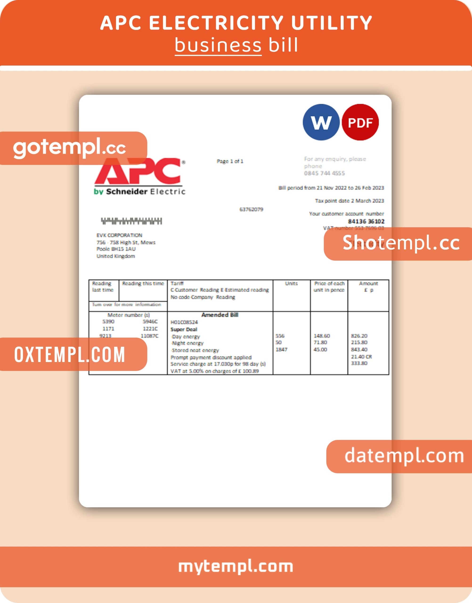 APC electricity business utility bill, Word and PDF template, 2 pages