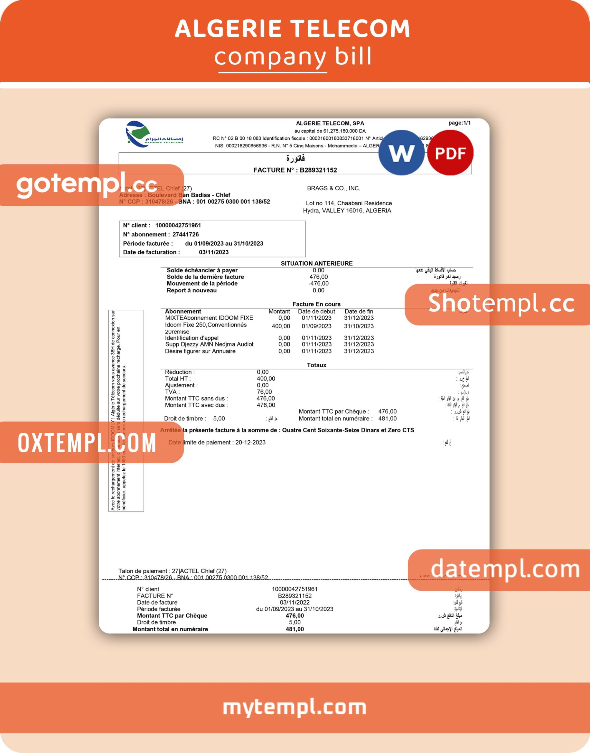 Algerie Telecom business utility bill, Word and PDF template
