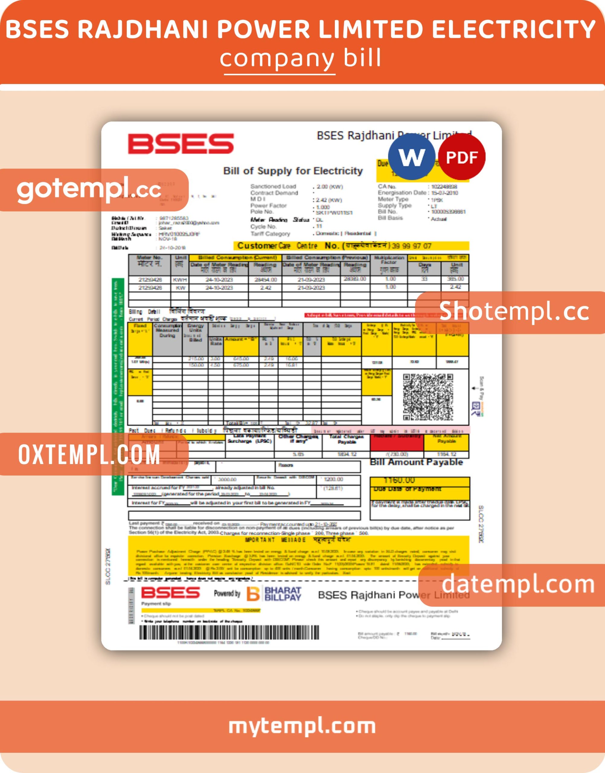 BSES Rajdhani Power Limited electricity business utility bill, Word and PDF template