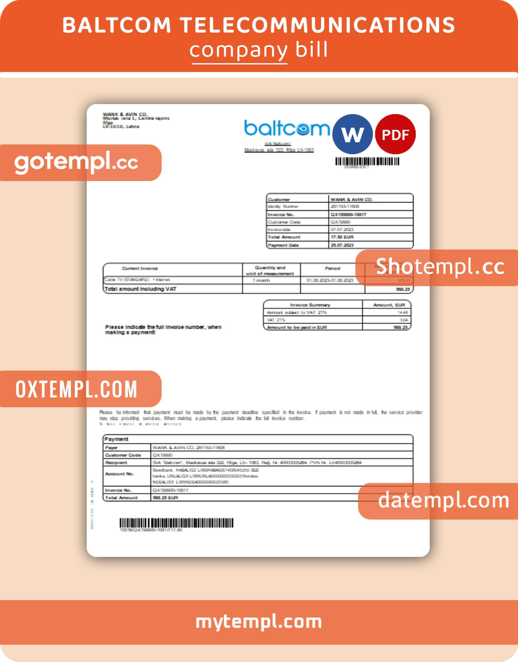 Baltcom telecommunications business utility bill, Word and PDF template