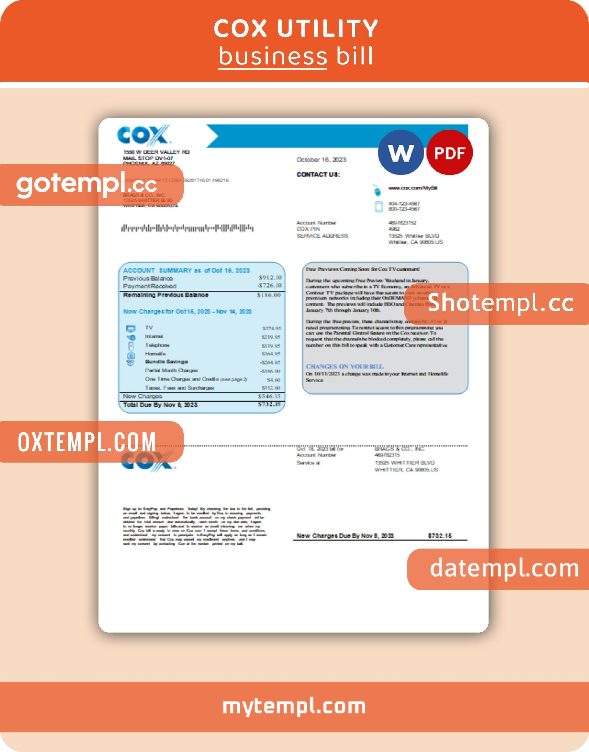 COX utility business bill, Word and PDF template, 4 pages, version 3