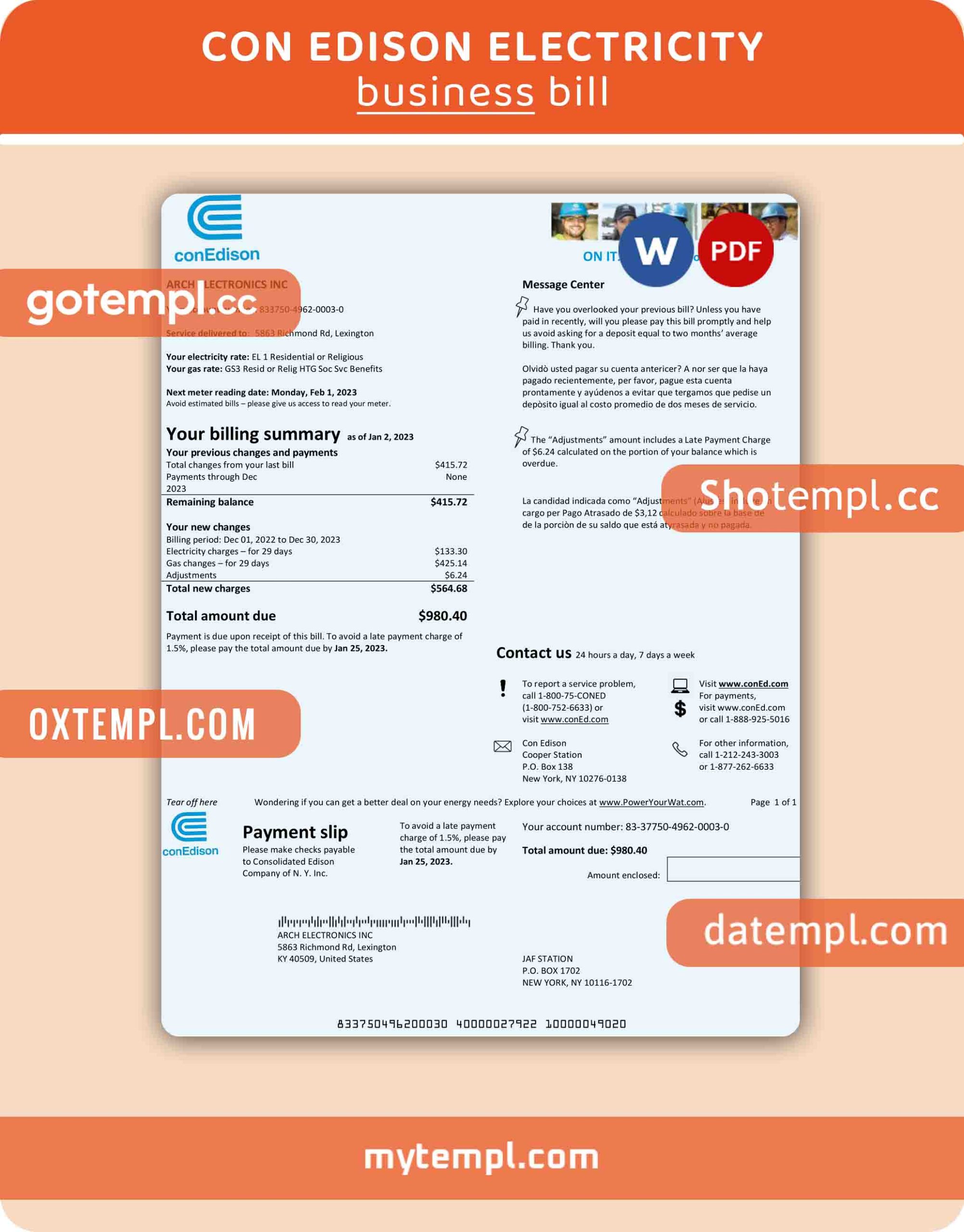 Con Edison electricity business utility bill, PDF and Word template