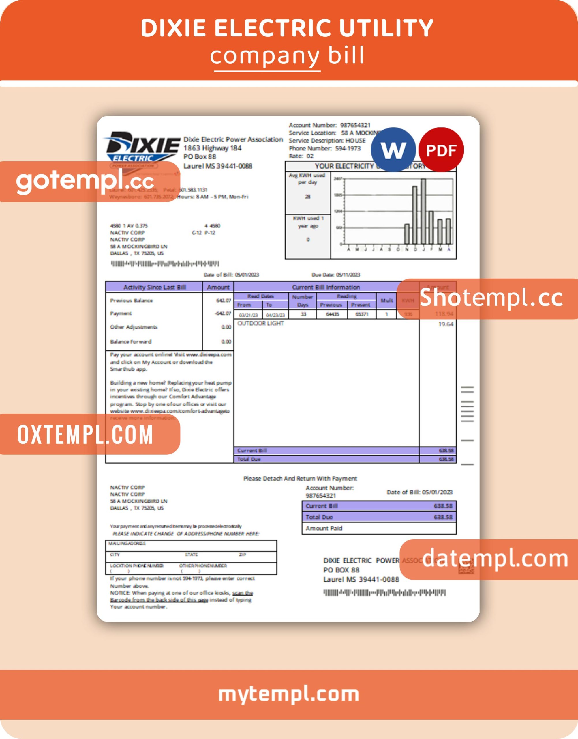 Dixie Electric business utility bill, PDF and WORD template