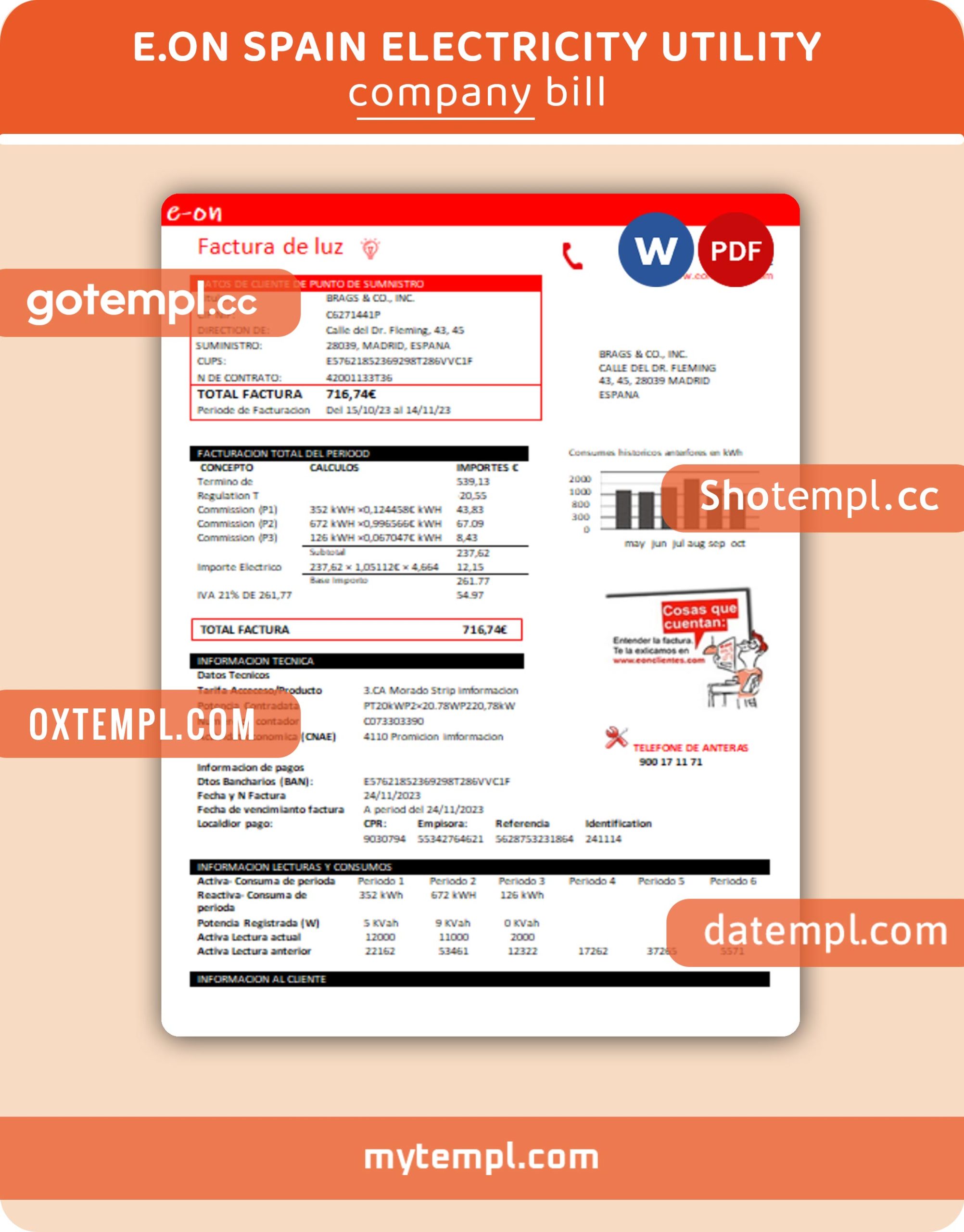 E.on Spain electricity business utility bill, Word and PDF template, 2 pages