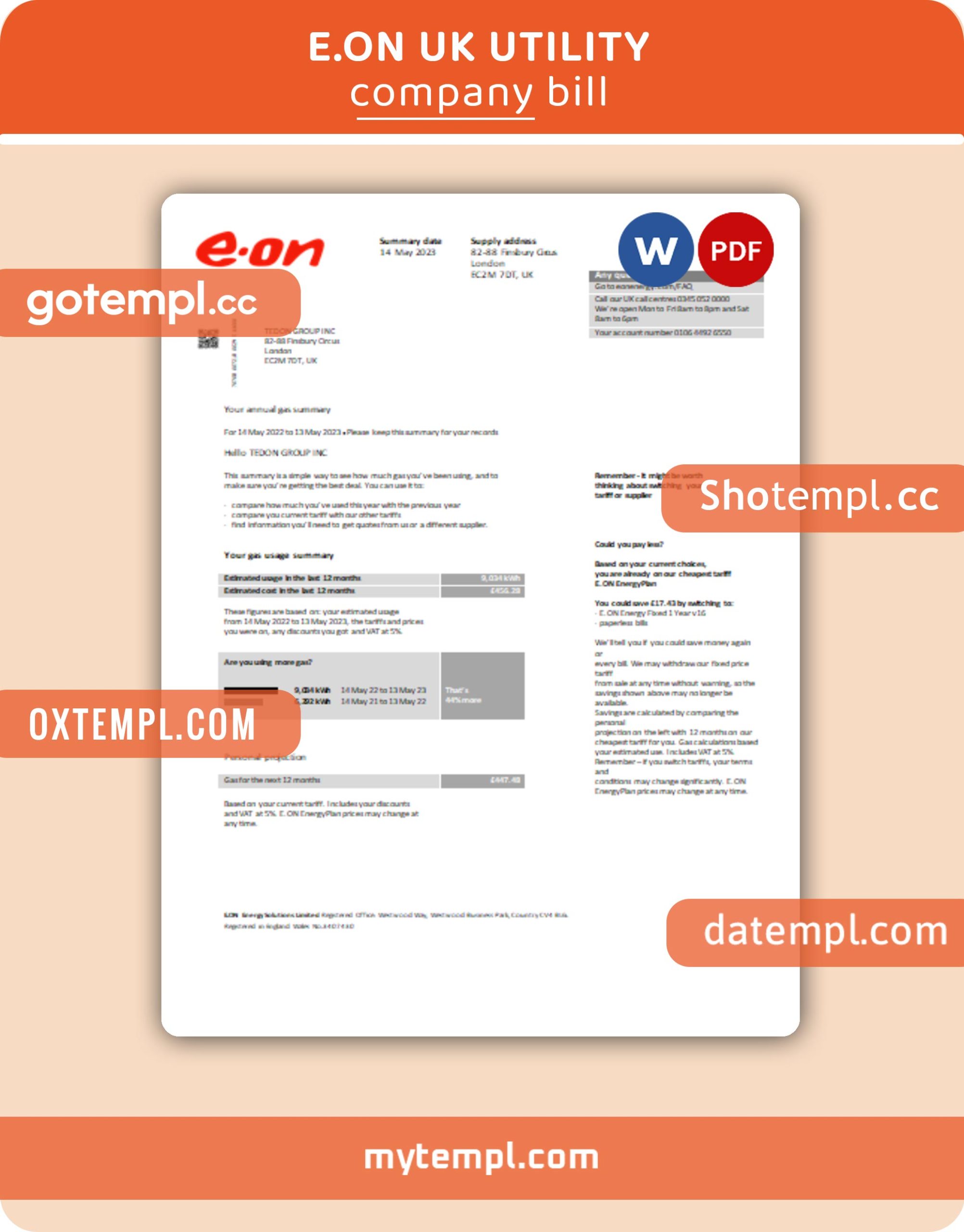 E.on UK  business utility bill, Word and PDF template, version 3