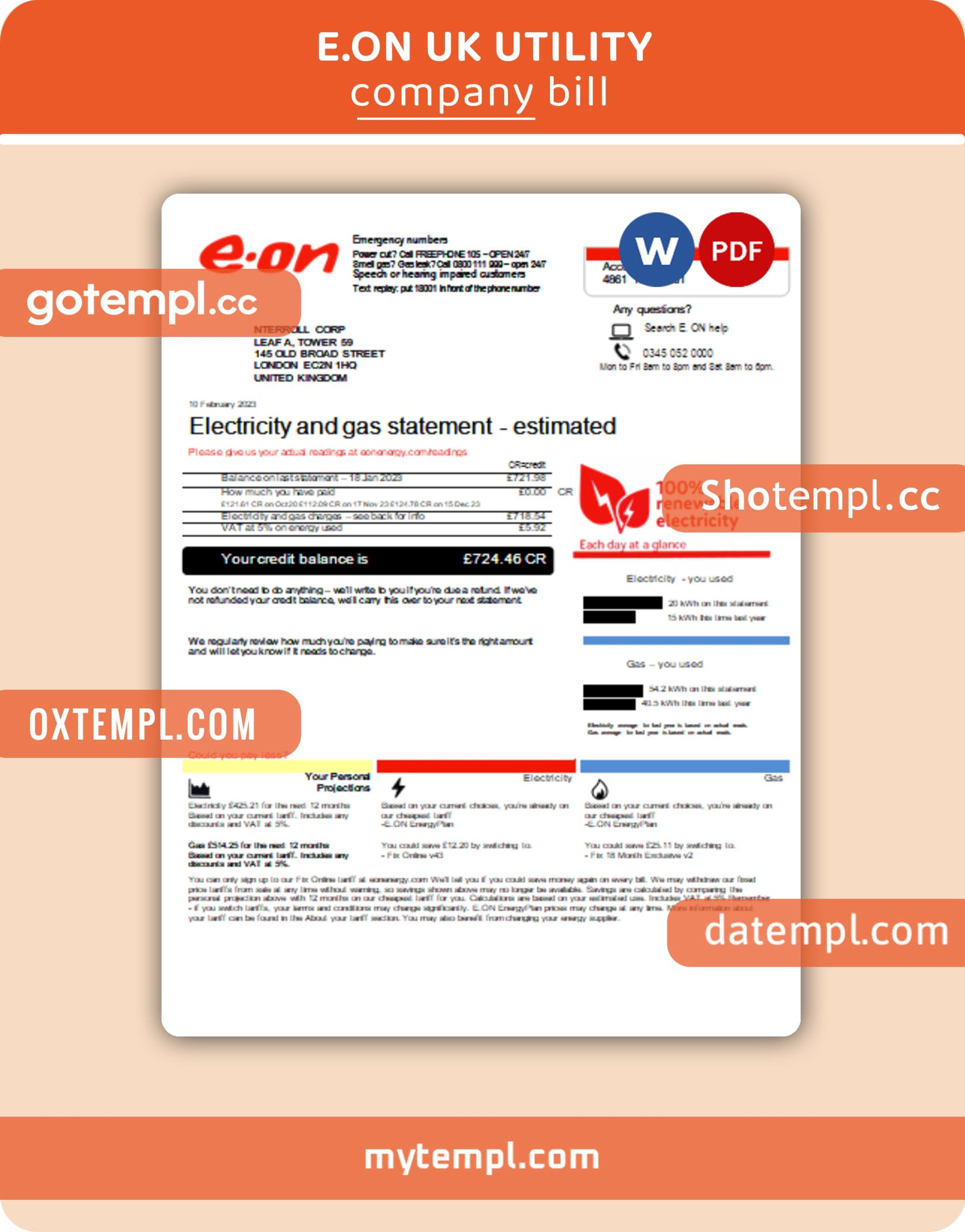 E.on UK business utility bill, Word and PDF template, 2 pages