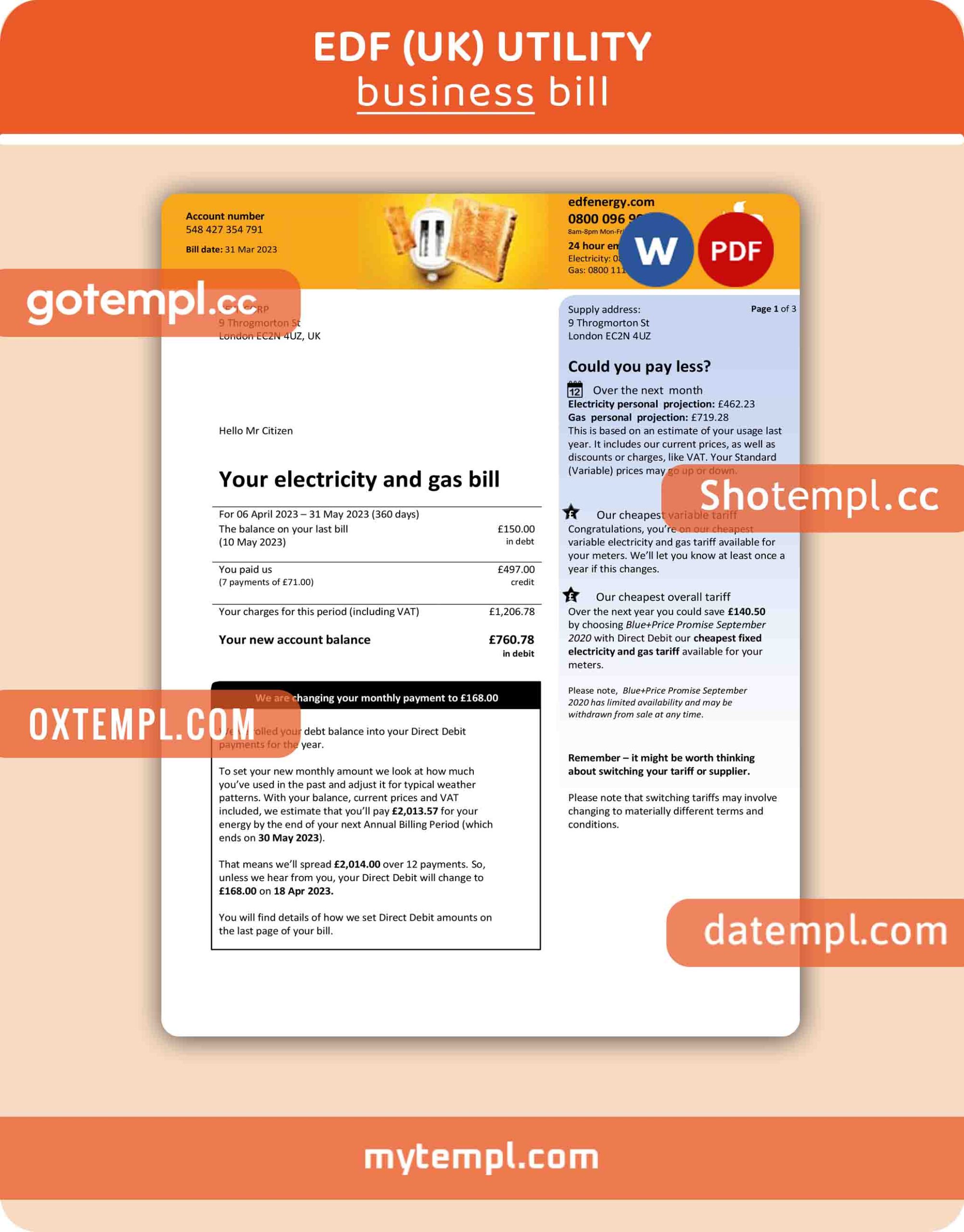 EDF (UK) business utility bill, Word and PDF template