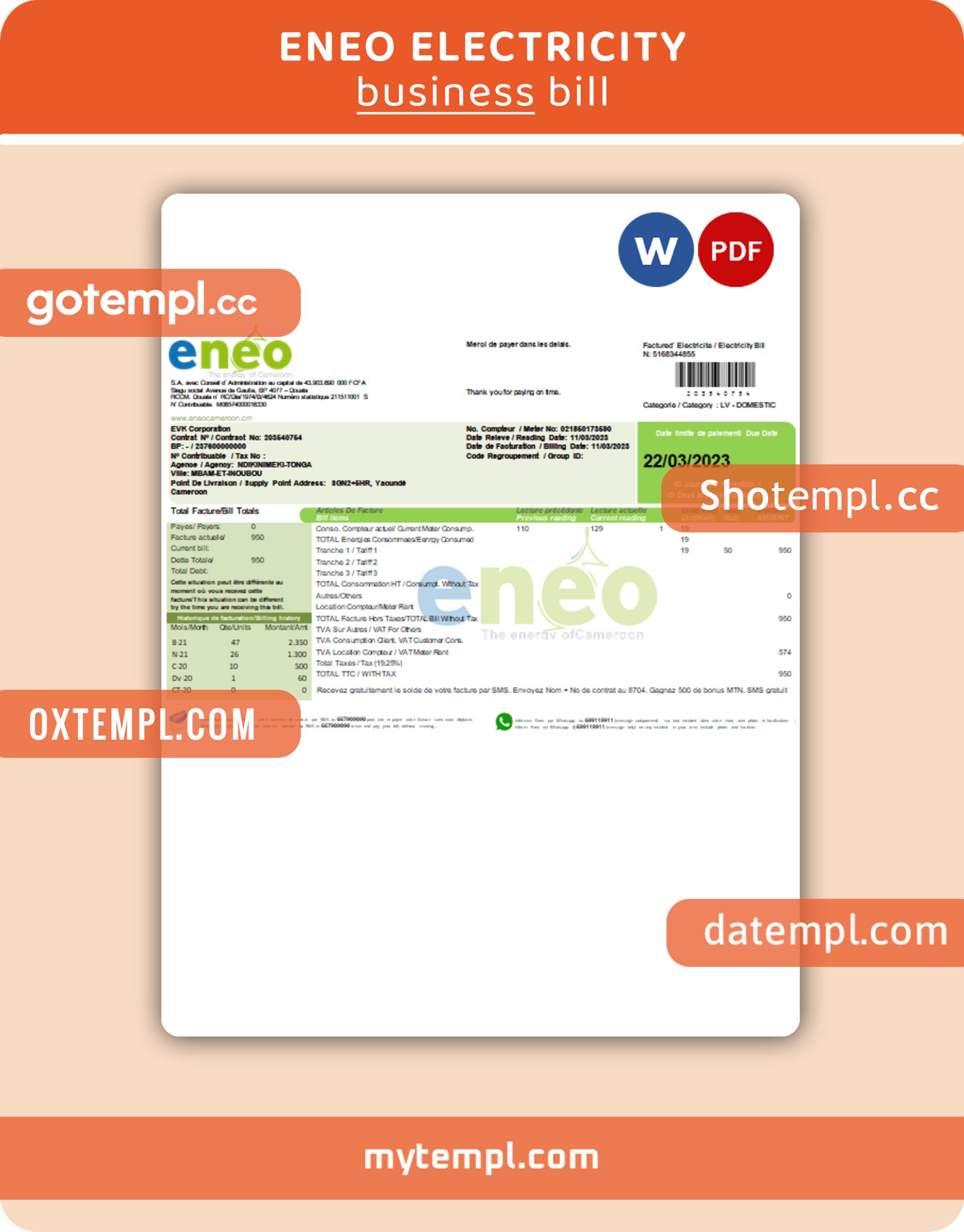 ENEO electricity business utility bill, Word and PDF template, 2 pages