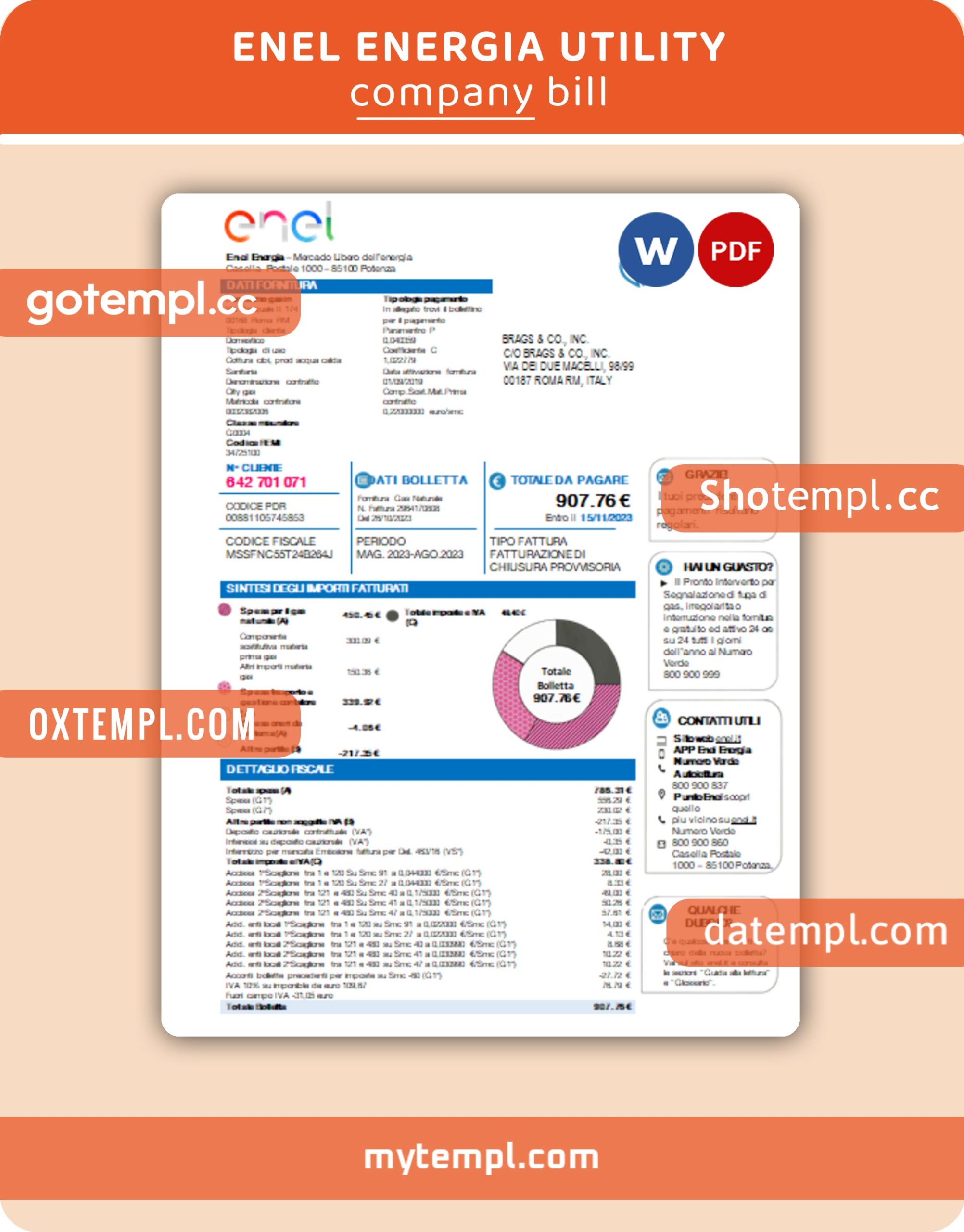 Enel Energia business utility bill, Word and PDF template