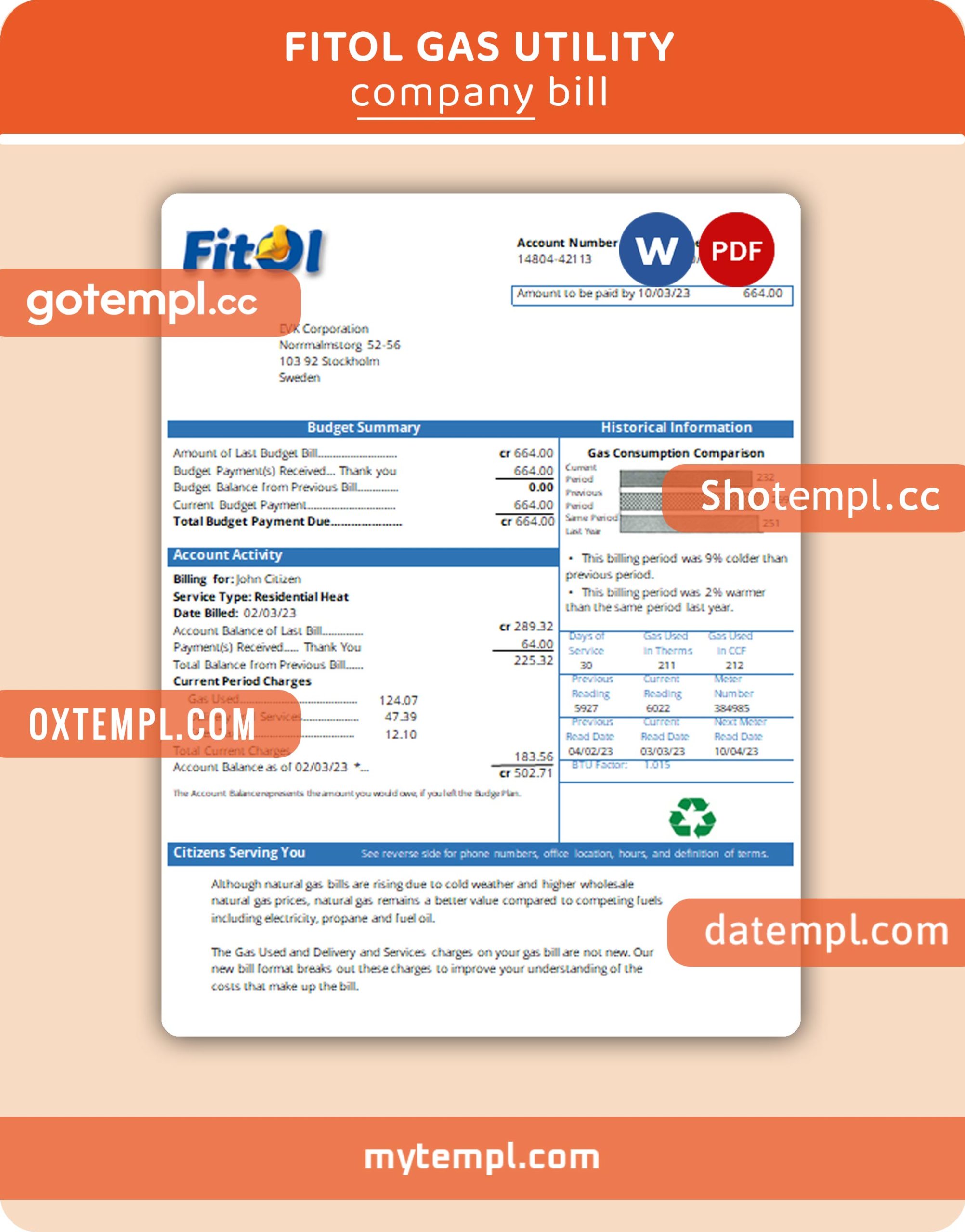 Fitol gas business utility bill, Word and PDF template