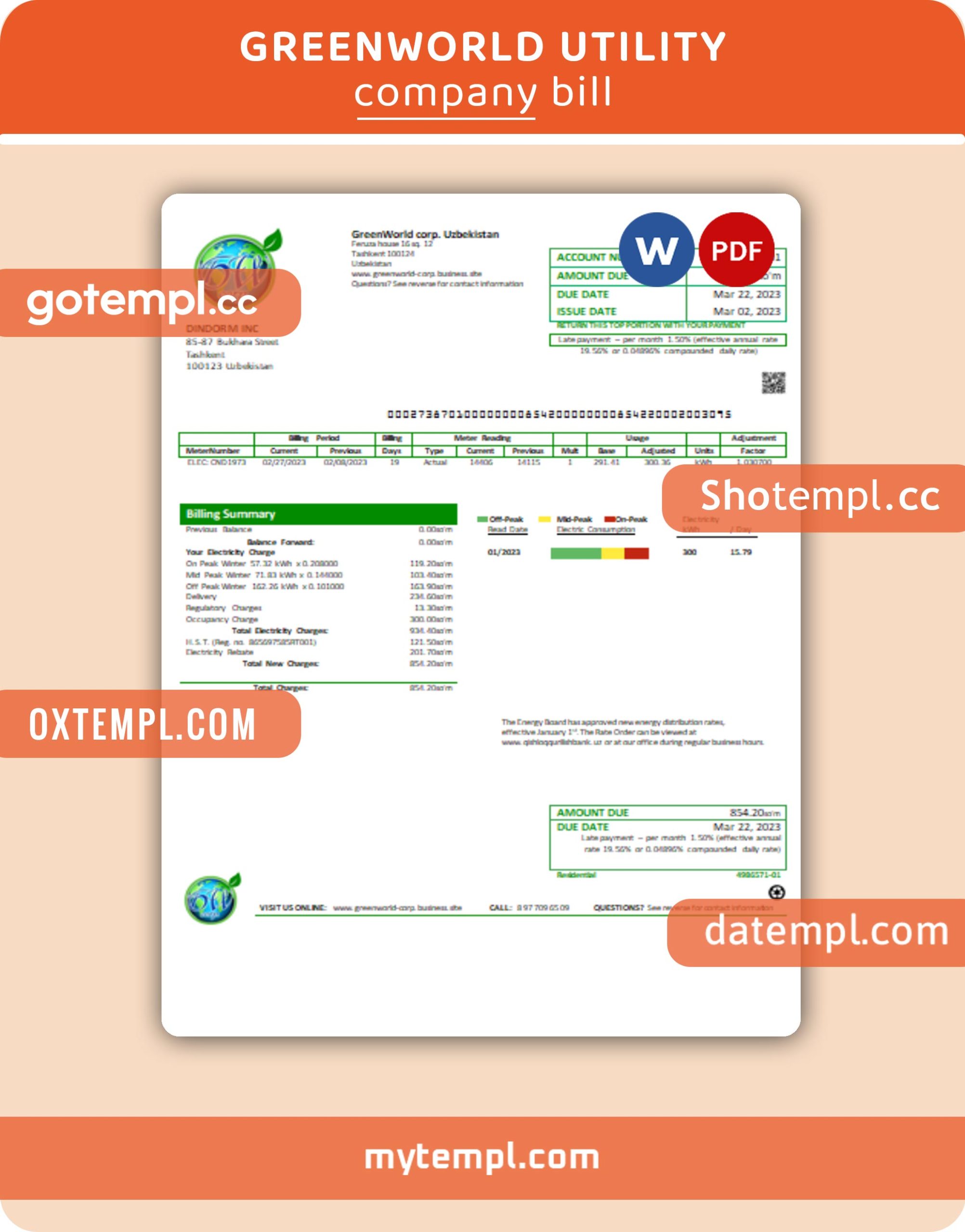 GreenWorld business utility bill, PDF and WORD template