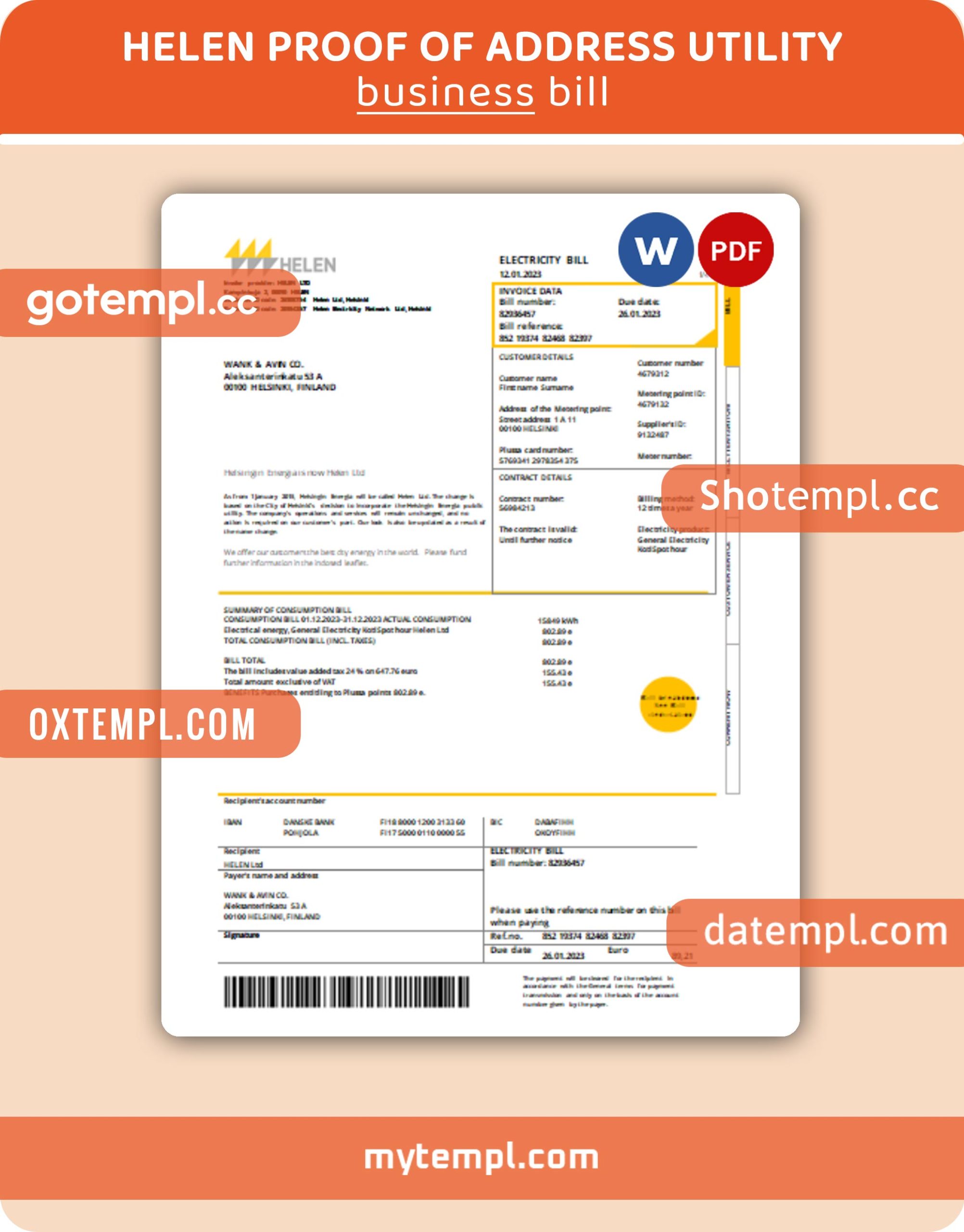 Helen Proof of address business utility bill, Word and PDF template