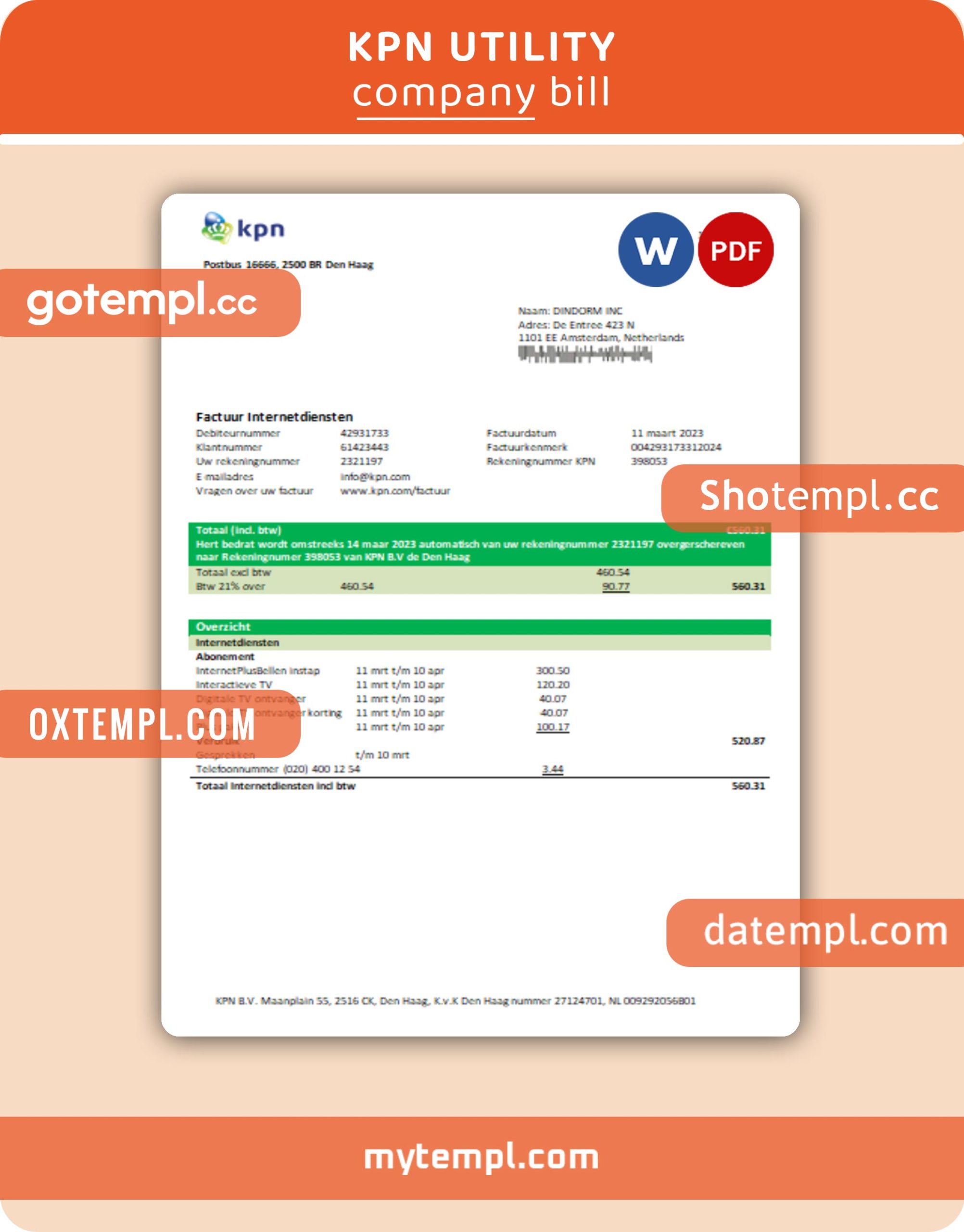 KPN business utility bill, Word and PDF template