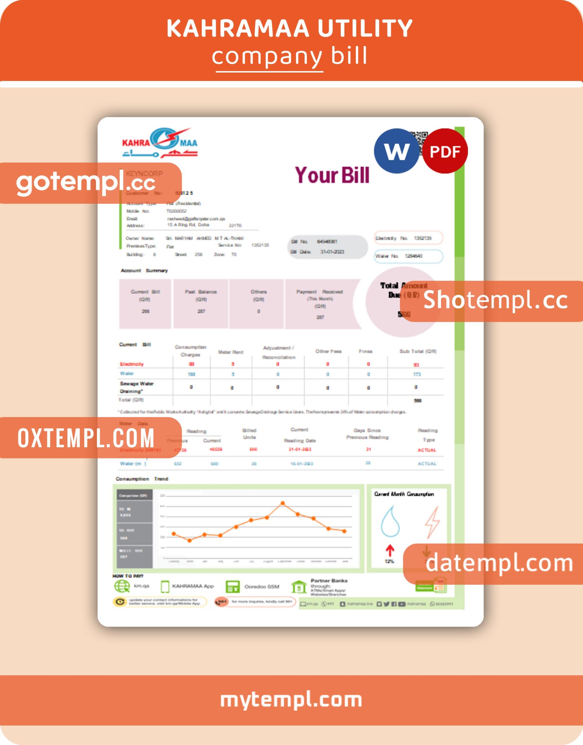 Kahramaa business utility bill, Word and PDF template