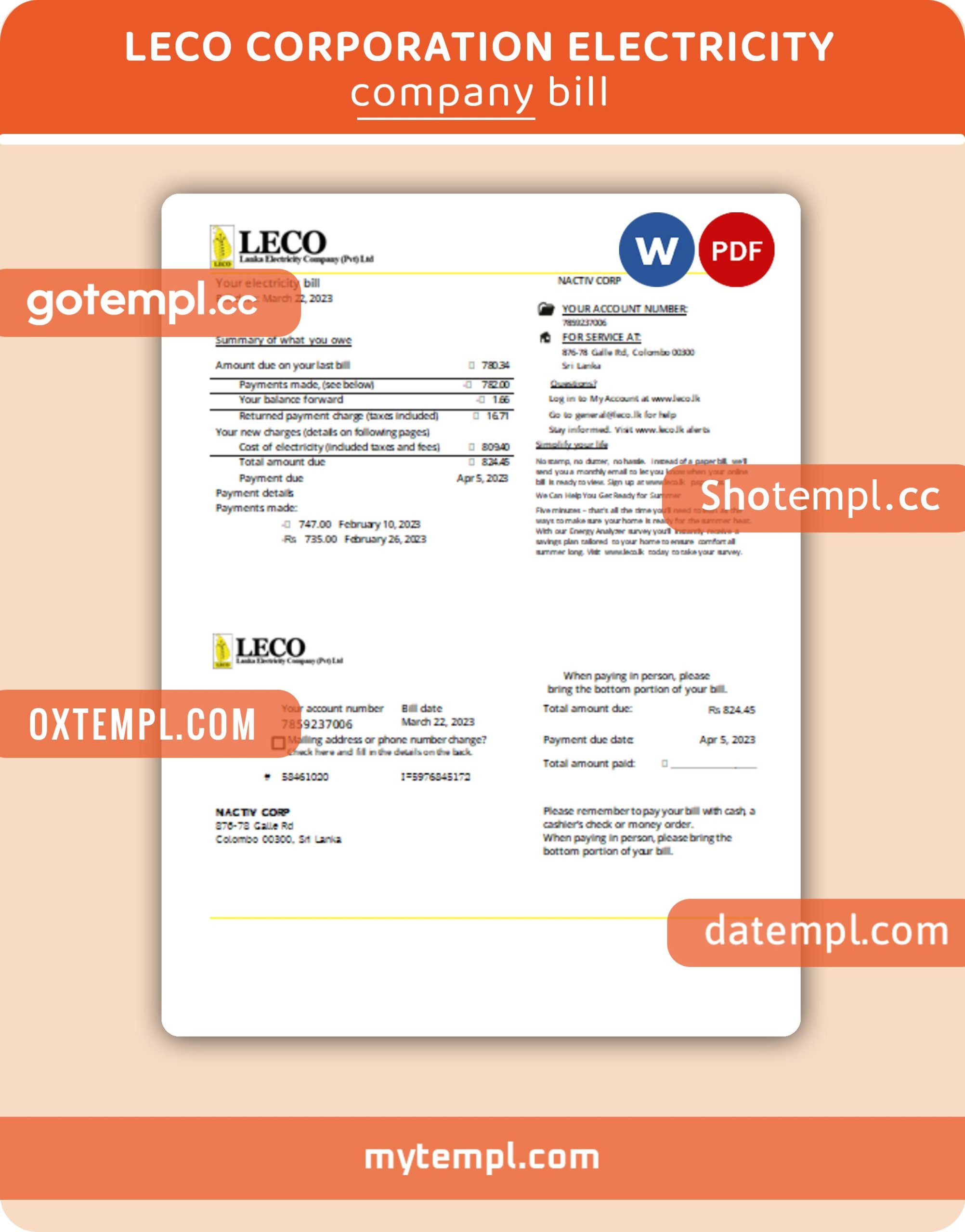 LECO Corporation electricity business utility bill, PDF and WORD template