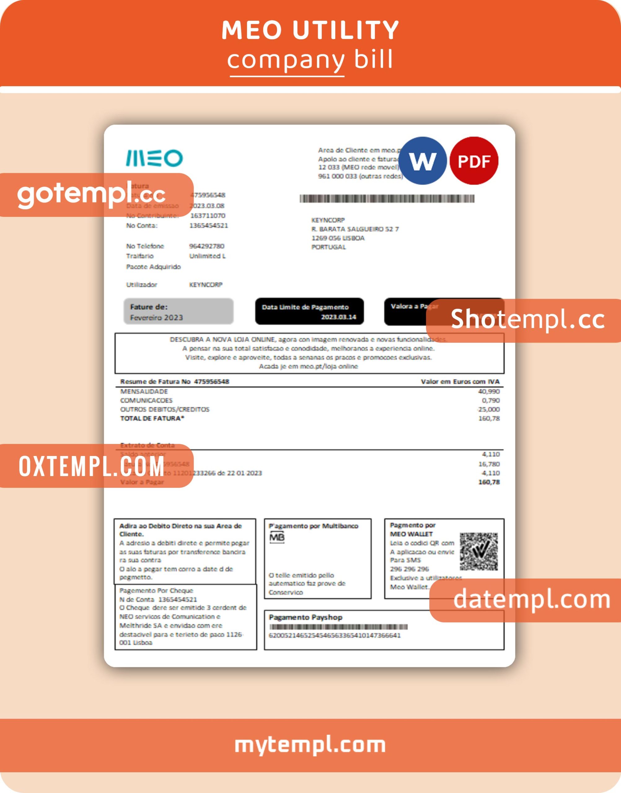 MEO business utility bill, Word and PDF template, 4 pages, version 3