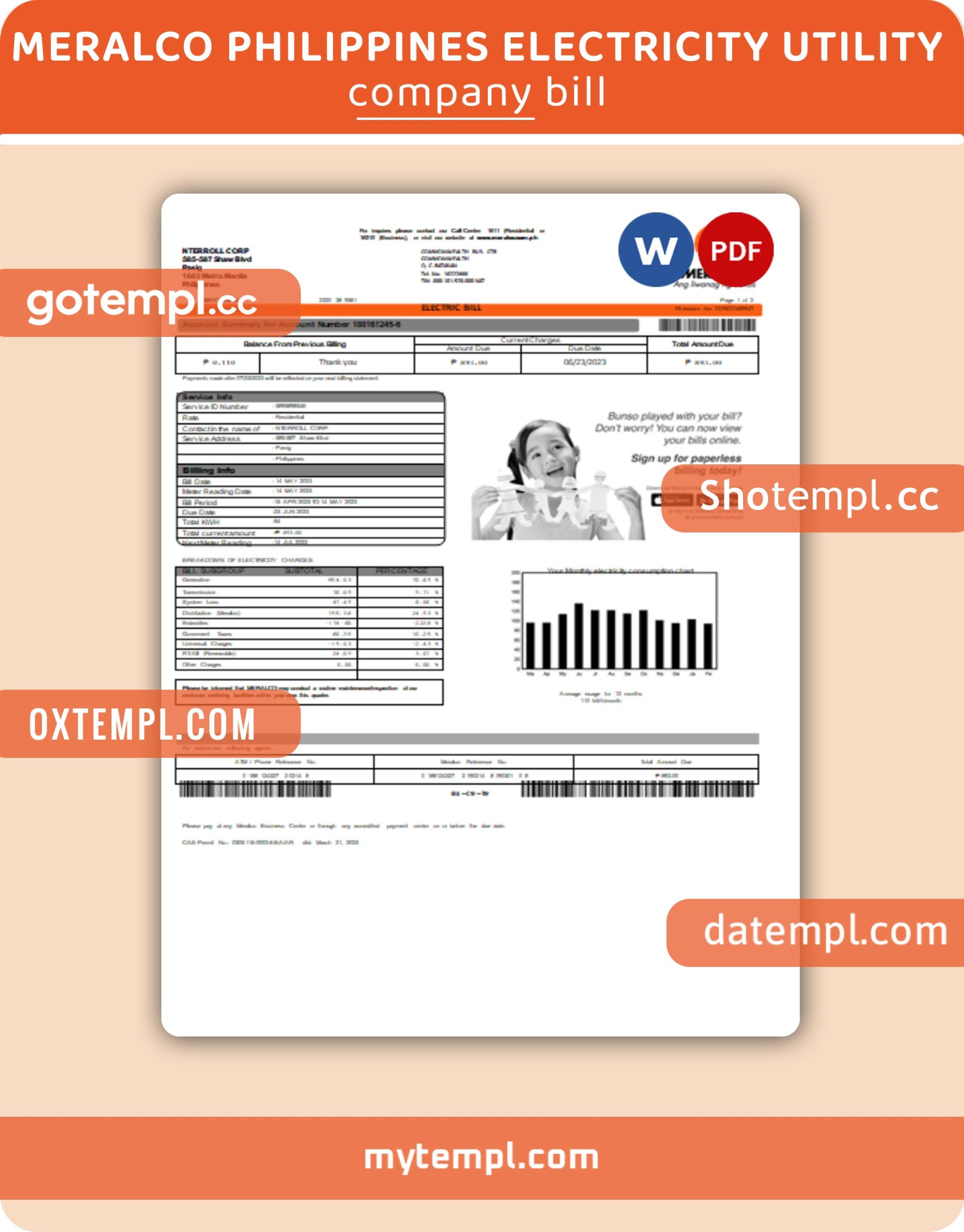 Meralco Philippines electricity business utility bill, Word and PDF template, 2 pages
